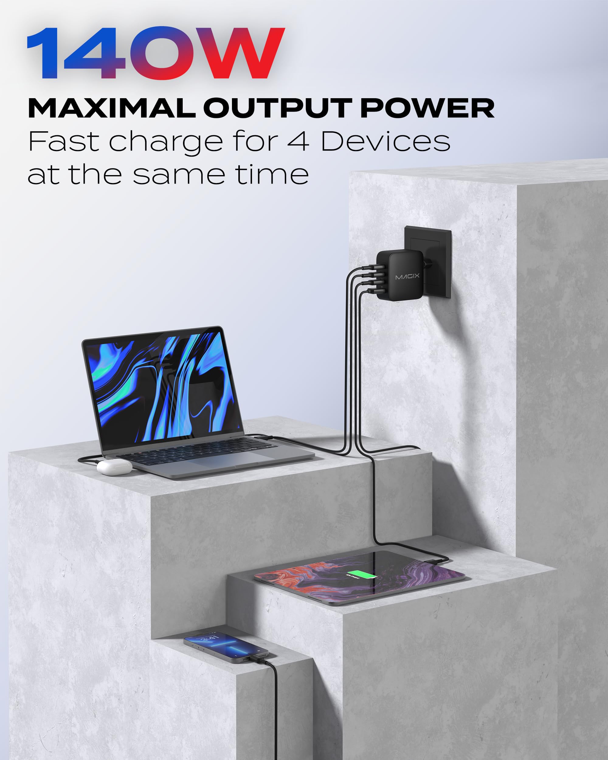 Magix Caricatore 4 Porte 140W, Caricabatterie GaN PD Power Delivery, 3x USB-C e 1x USB-A, per MacBook Pro, Dell XPS, iPhone 15/14/13/12 Series, iPad, Galaxy S23 Ultra, Switch e altro (EUR PLUG)