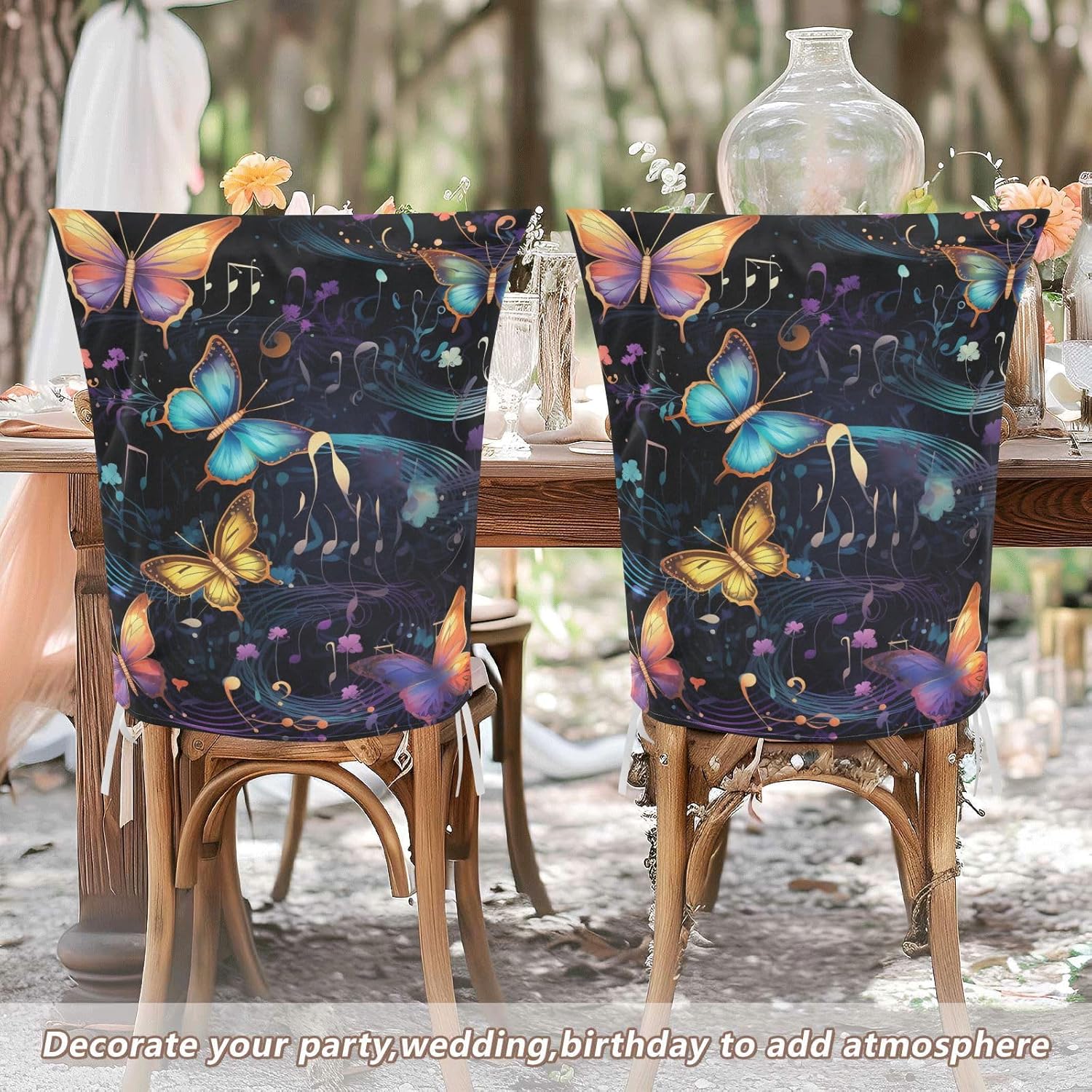 ALAZA Butterfly Musical Notes Vintage Chair Back Cover Set of 6, Washable Reusable Removable Chair Slipcovers Decorative Chair Cover for Home Kitchen Wedding Party