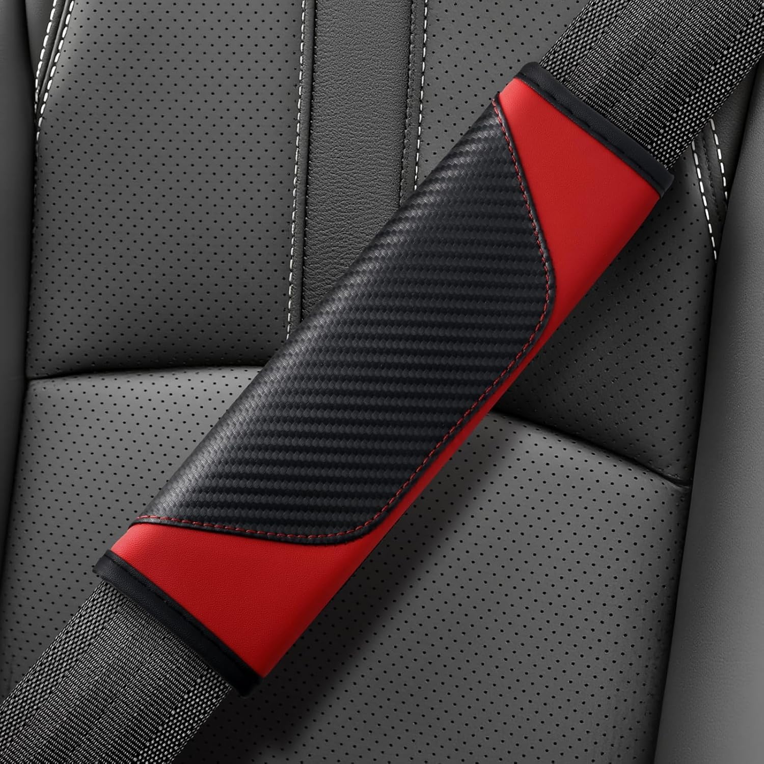 ZHANGJF 2-piece carbon fibre seat belt cushion shoulder pads for Benz EQS SUV 2024, soft car safety belt cover pads, interior accessories,Red/D