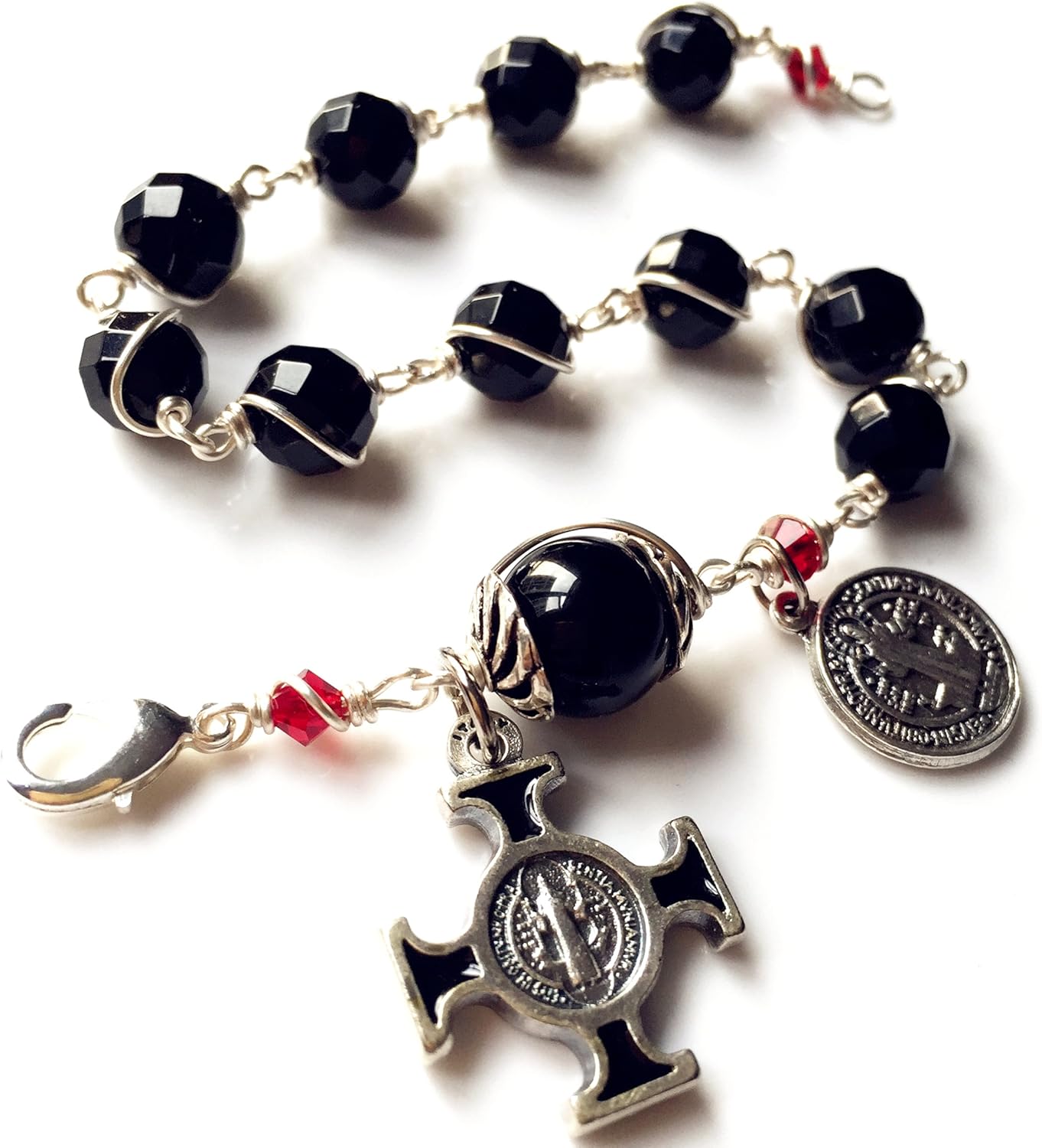 elegantmedical HANDMADE SILVETR Wire Wrap Black Agate Prayer Beads Bracelet Rosary Cross Catholic - Image 3