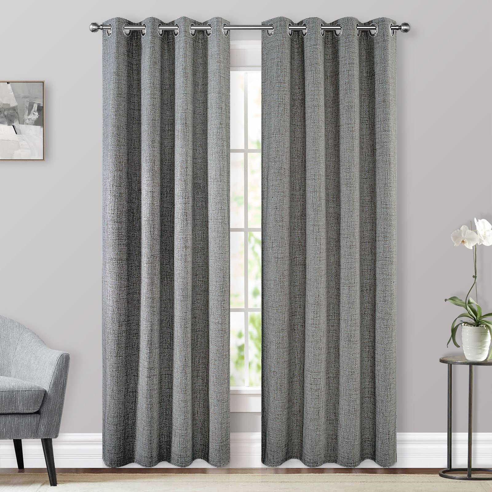 CUCRAF 100% Total Blackout Curtains 63 Length for Window Treatment,Faux Linen Thermal Insulated Grommet Drapes for Bedroom/Living Room,Set of 2 Curtain Panels(52 x 84 inches, Light Grey)