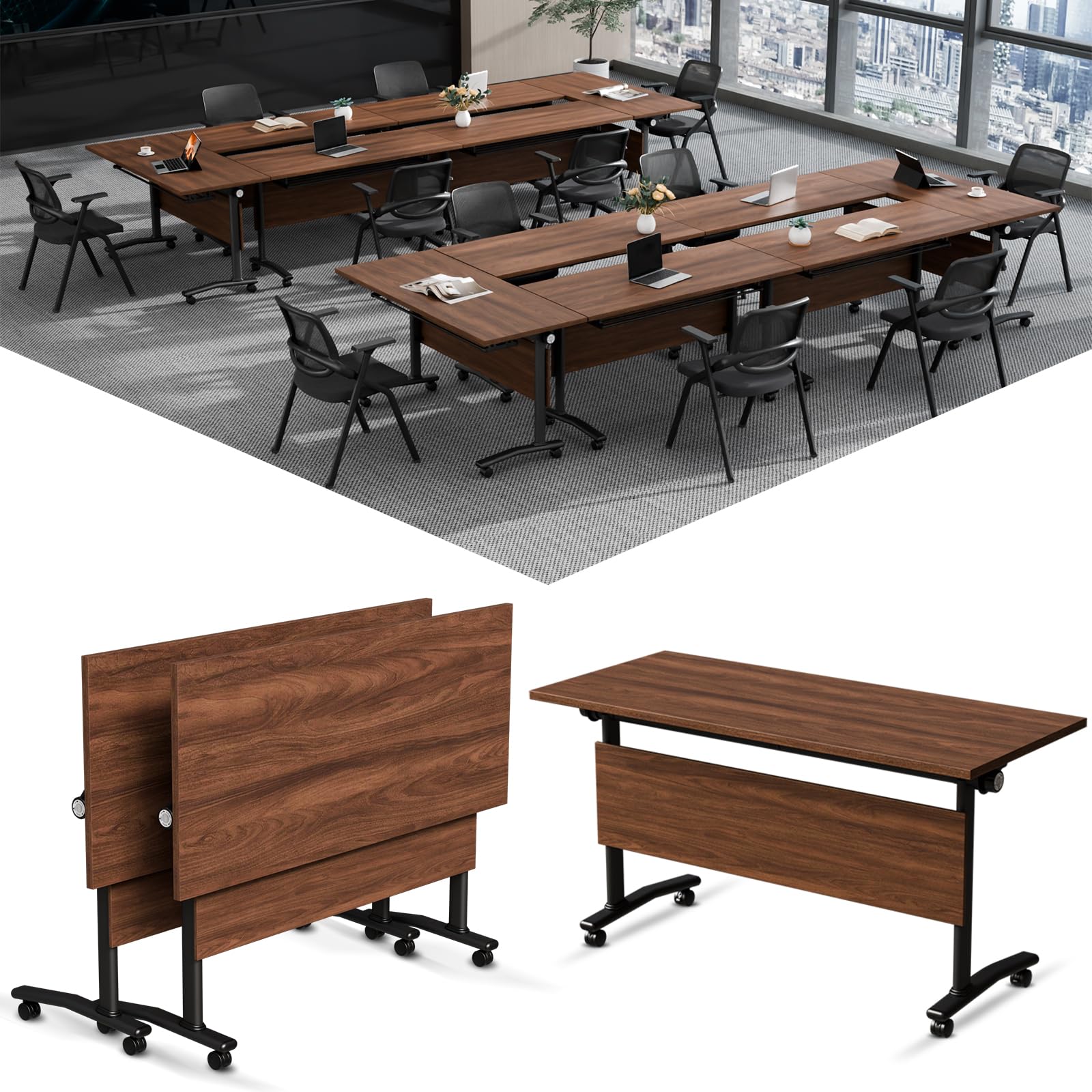 LYDMTSW Conference Room Table，Large Folding Conference Table with Wheels,ModularFlip-Top Mobile Training Tables for Office Meeting Classroom (6, Warm