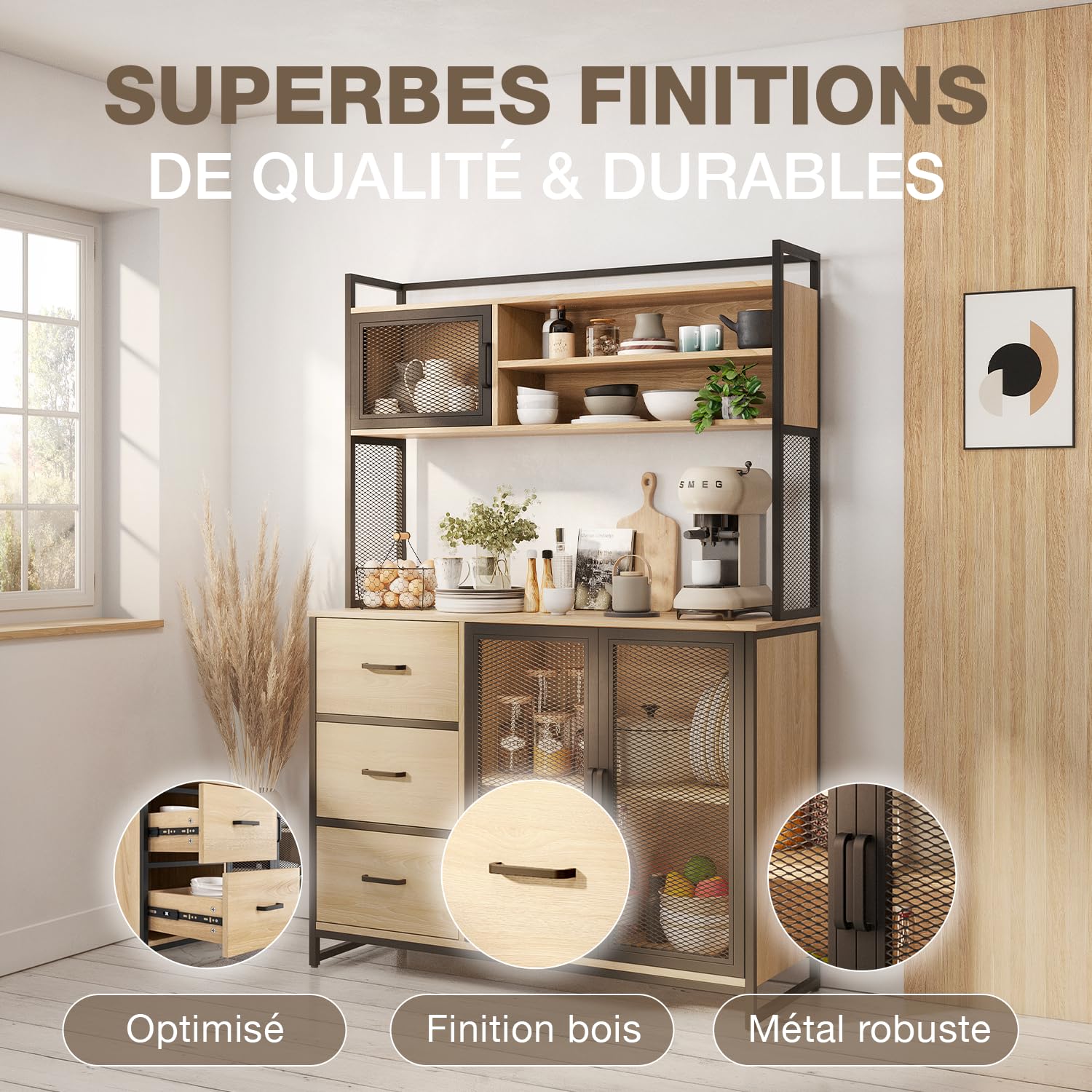 CATAVANA - Buffet Multifonctionnel 116 x 40 x 170 cm - Design Moderne pour Cuisine, Salon ou Bureau - Meuble de 3 Portes et 3 Tiroirs pour un Rangement Optimal de Vos Ustensiles, Livres et Décorations