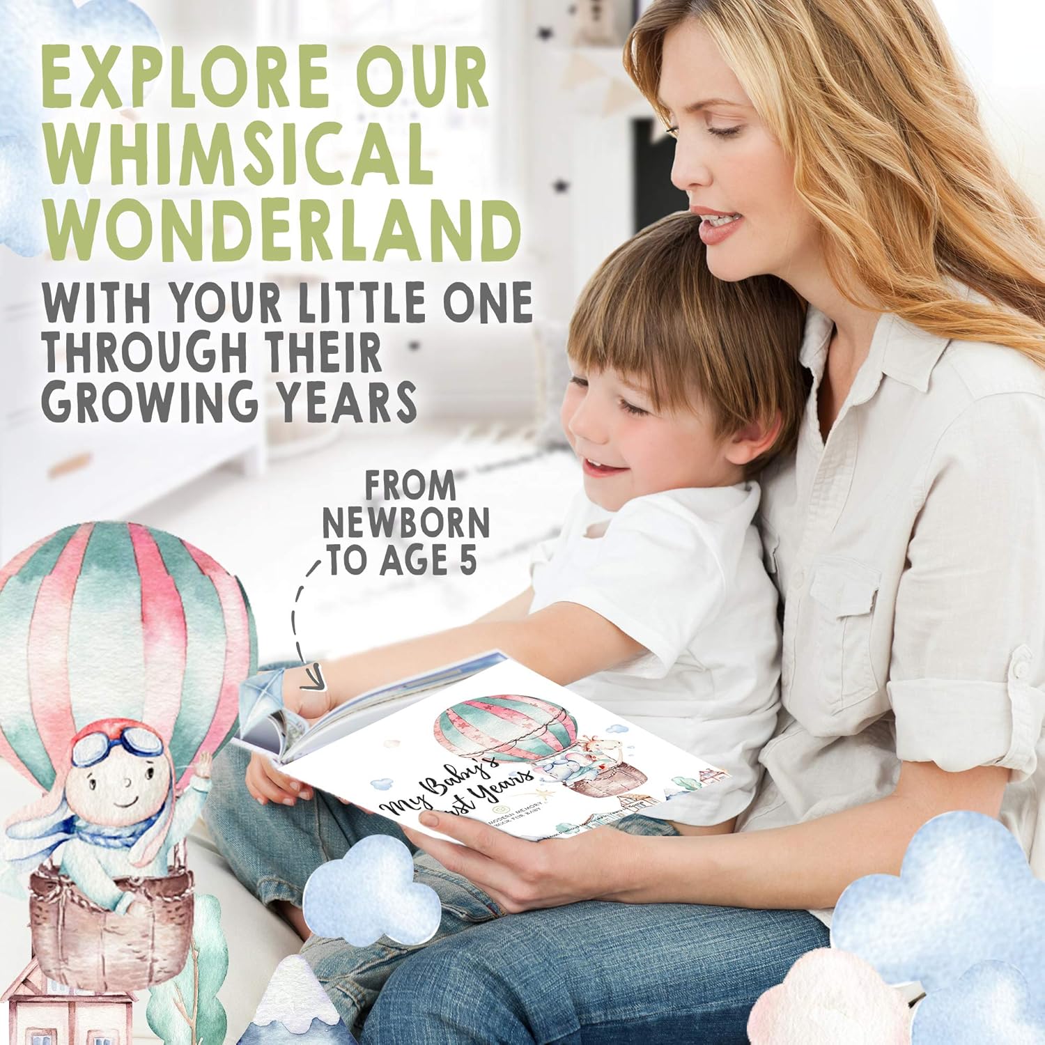 Baby Triple Sonogram Picture Frame And Baby First 5 Years Memory Book Journal Bundle - Baby Nursery Decor, Mom Gifts (Alpine White) - All Family, LGBT, Single Mom Dad, Adoptive (Adventureland)