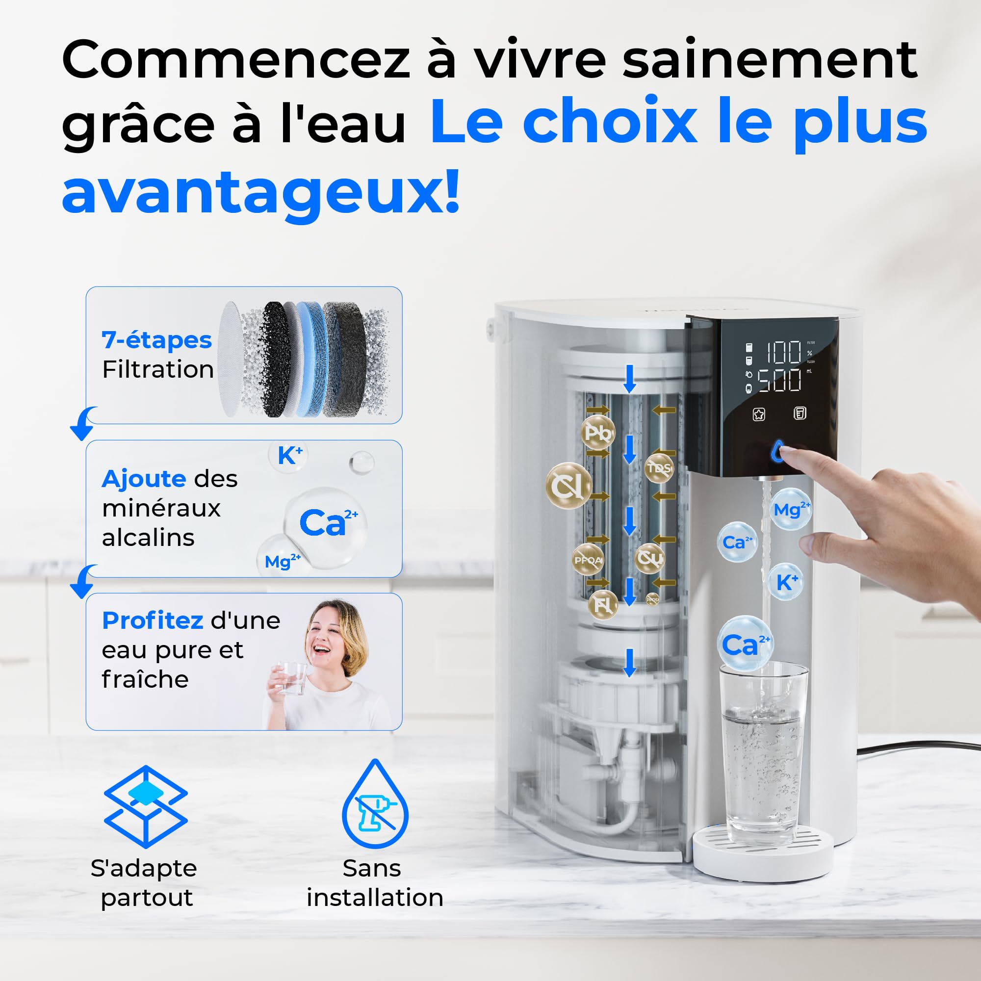 [Minéraux Alcalins] Waterdrop CoreRO Système d’Osmose Inverse, Certifié NSF/ANSI 58 & 372, Filtre RO de Comptoir à 7 Étapes, sans Installation, Réduit les PFAS, sans BPA, WD-C1SL
