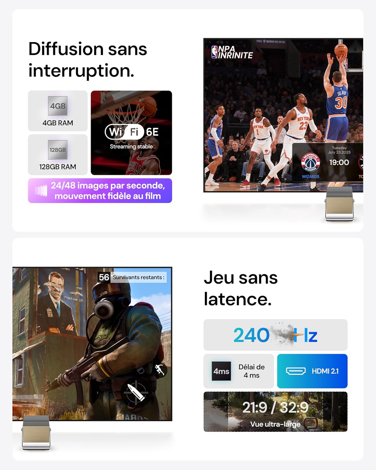 Image illustrating seamless streaming and low-latency gaming features, including 4GB RAM, 128GB storage, Wi-Fi 6E, 240Hz refresh rate, 4ms delay, and HDMI 2.1.