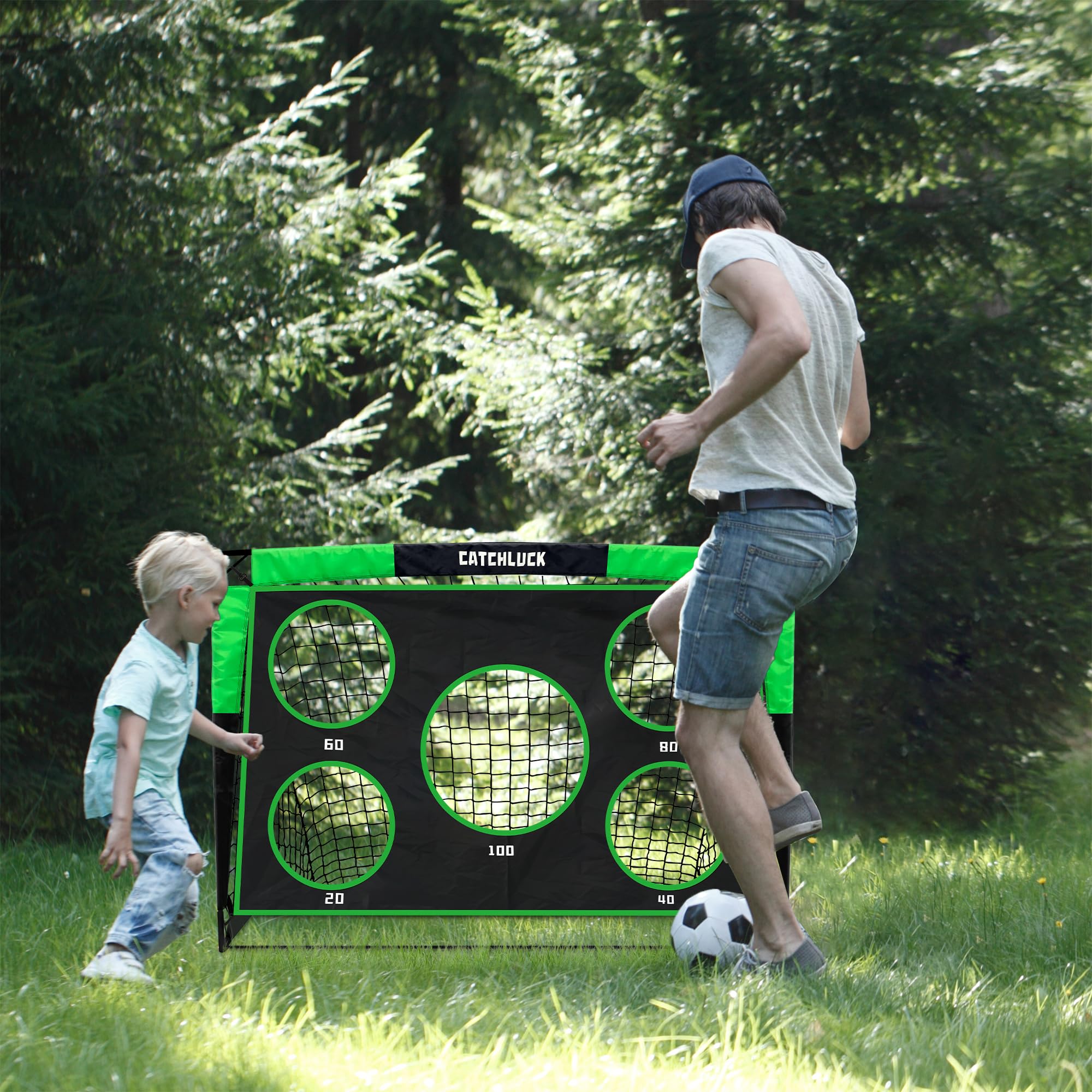 Fussballtore für Garten Kinder Fussballtor 2 In 1 Fussball Tor Pop Up Tor mit Schussloecher und Tragetasche, Bodennägeln
