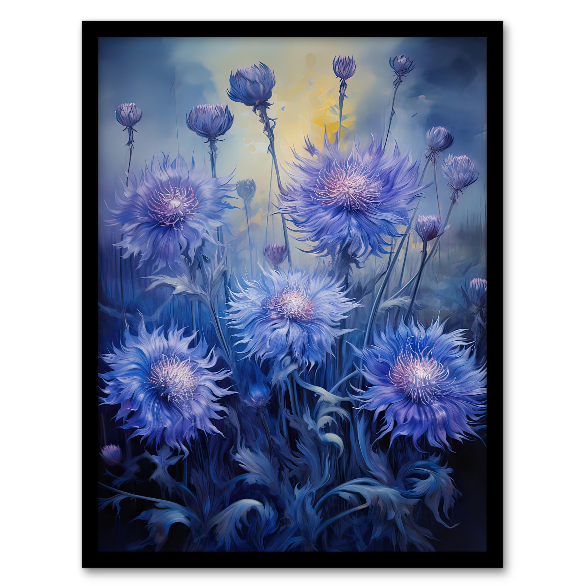 Artery8 Ethereal Cornflower Meadow in Blue and Purple Artwork Framed Wall Art Print A4