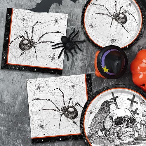 Miniatura 6 de Suministros de fiesta de Halloween con telas de araña con temas de calavera y araña, platos de papel de tela malvada todo incluido, servilletas,