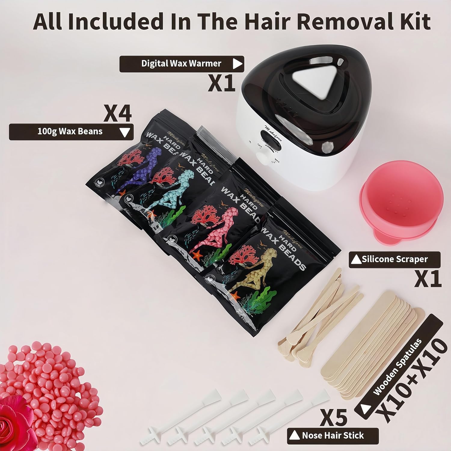 Brazilian Waxing Kit - Bikini & Full Body Hair Removal with Digital Warmer, 4 Scented Wax Beads & 27 Silicone Tools - Home Waxing for Women & Men, Face & Body Care (White) - Image 3