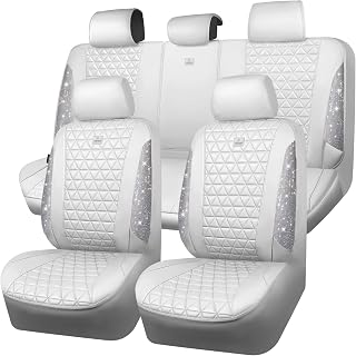 CAR PASS All White Bling Diamond Leather Car Seat Covers Full Sets,Waterproof Shining Glitter Sparkly Crystal Universal Fit for Automotive Truck SUV Cute Women Girl Airbag Compatable,Sliver Rhinestone