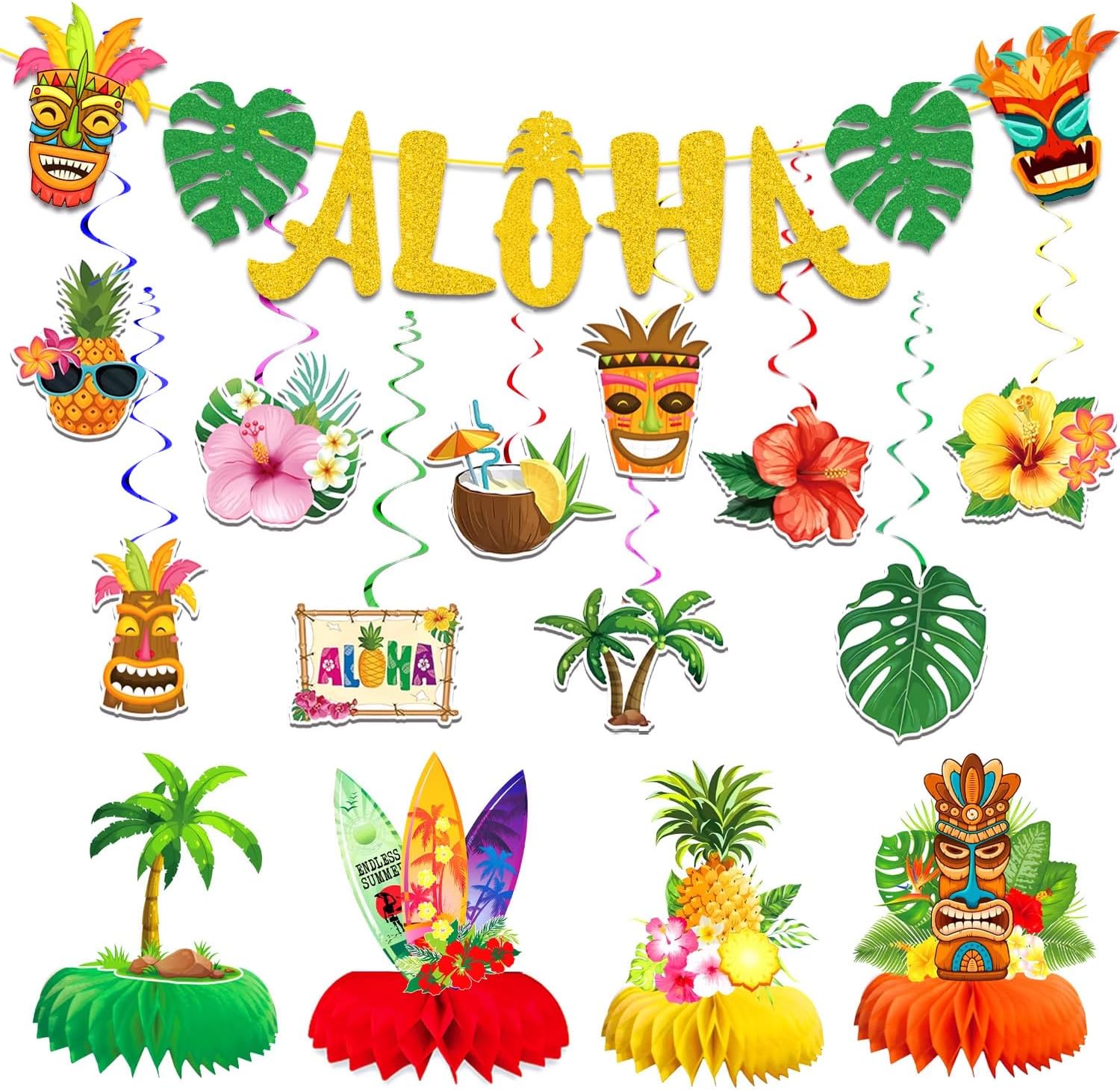 Luau Party Decorations,Hawaiian Party Decorations Kit for Adults - ALOHA Banner Hanging Swirl Honeycomb Centerpiec for Pool Party Summer Party Tropical Beach Party Floral Tiki Birthday Party Decor