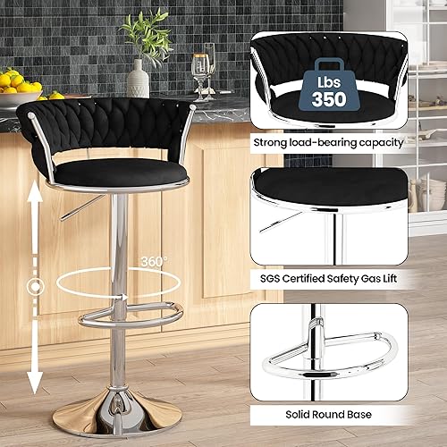 Miniatura 5 de AWQM Juego de 2 taburetes de bar de terciopelo negro, taburetes de cocina giratorios de altura ajustable con respaldo bajo para comedor, barra de