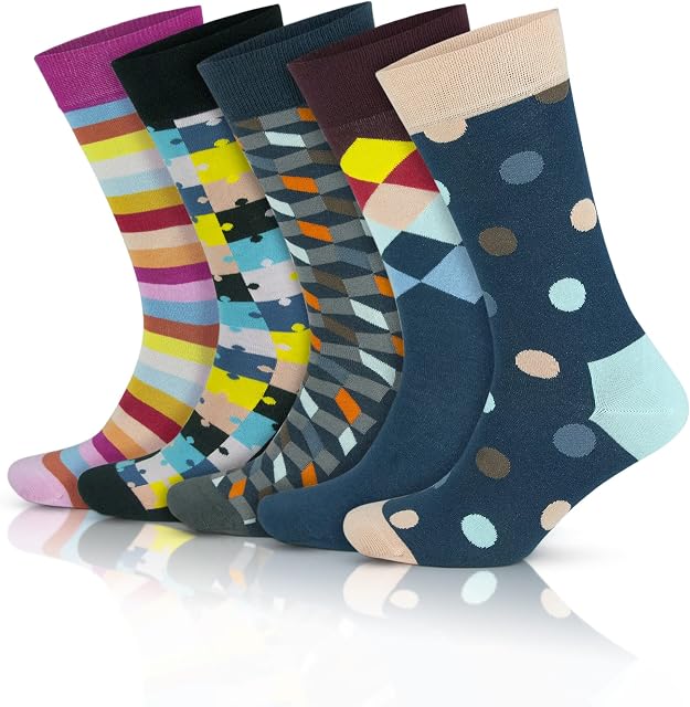 GoWith Men's Colourful Bamboo Socks, 5 pairs gift box, natural soft breathable striped geometric funky designs, red blue yellow UK size 6-11 (3563)