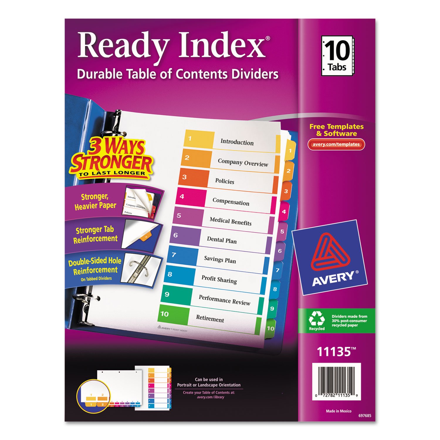 Avery 11135 Ready Index Dividers,TOC,1-10 Tab,3HP,8-1/2-Inch x11-Inch,1/ST,Multi