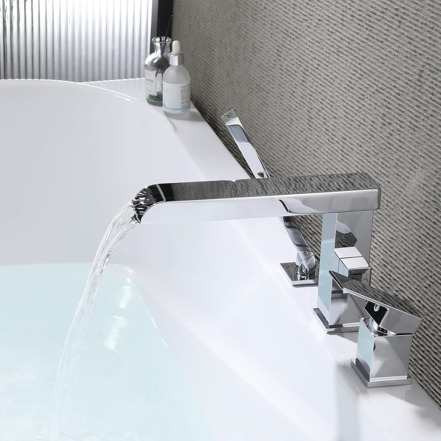 Waterfall Roman Tub Faucet with Hand Shower, Tub Faucet Deck Mount, Bathtub Faucet with Sprayer Long Spout Chrome