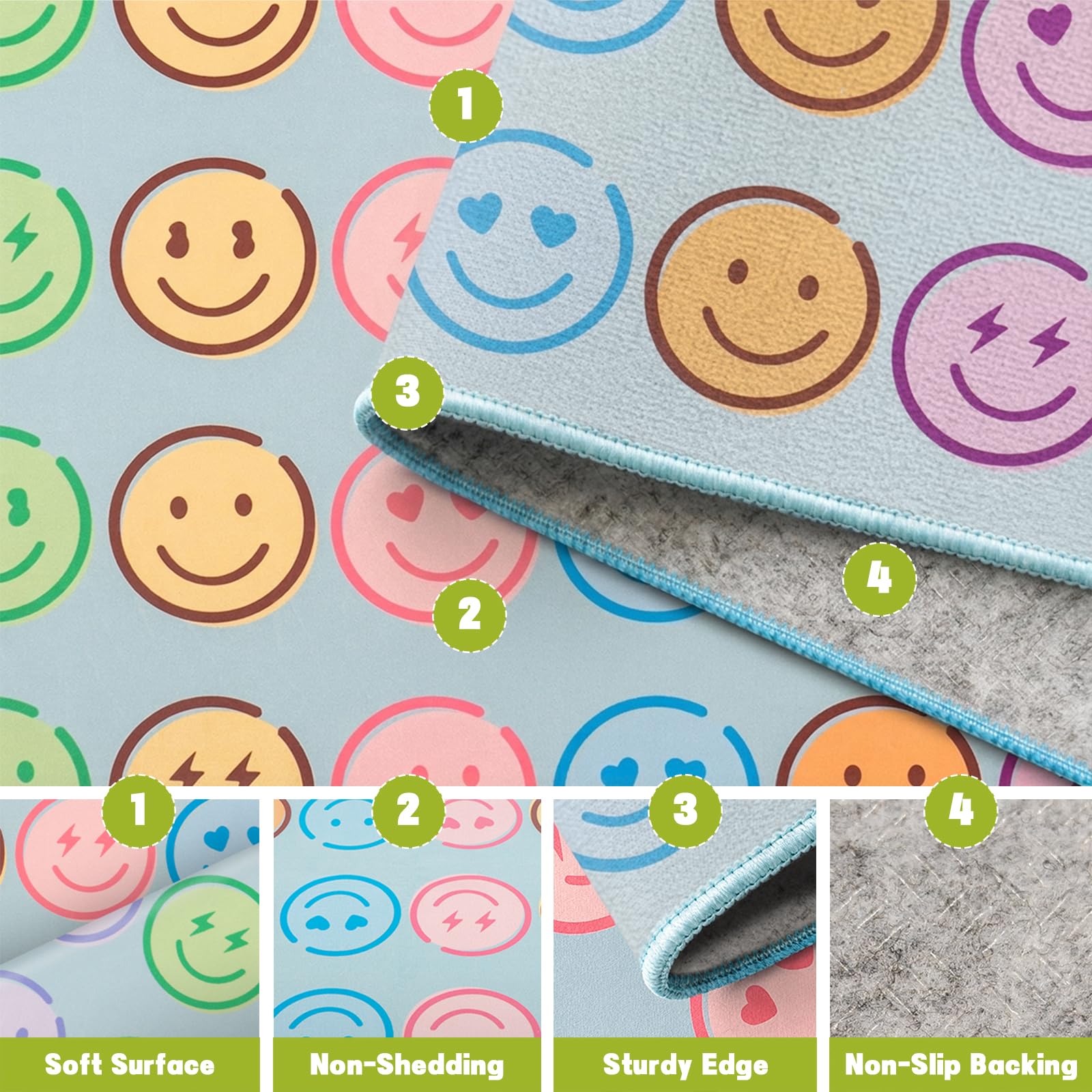 Tapis de salle de classe 1,5 x 2,1 m, motif smiley pastel, tapis éducatif | Tapis de jeu antidérapant lavable pour la maternelle, la garderie et la salle de classe primaire