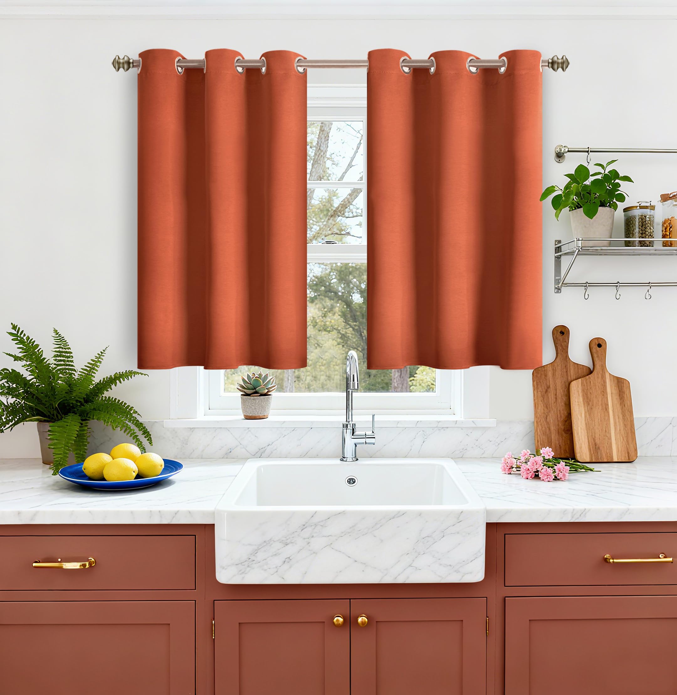 YoungsTex Burnt Orange Blackout Kitchen Curtains 40 Inch Length - Short Thermal Insulated Drapes with Grommet Room Darkening Privacy for Bathroom Bedroom Windows, 2 Panels, 42 x 40 Inch, Terracotta — image 1