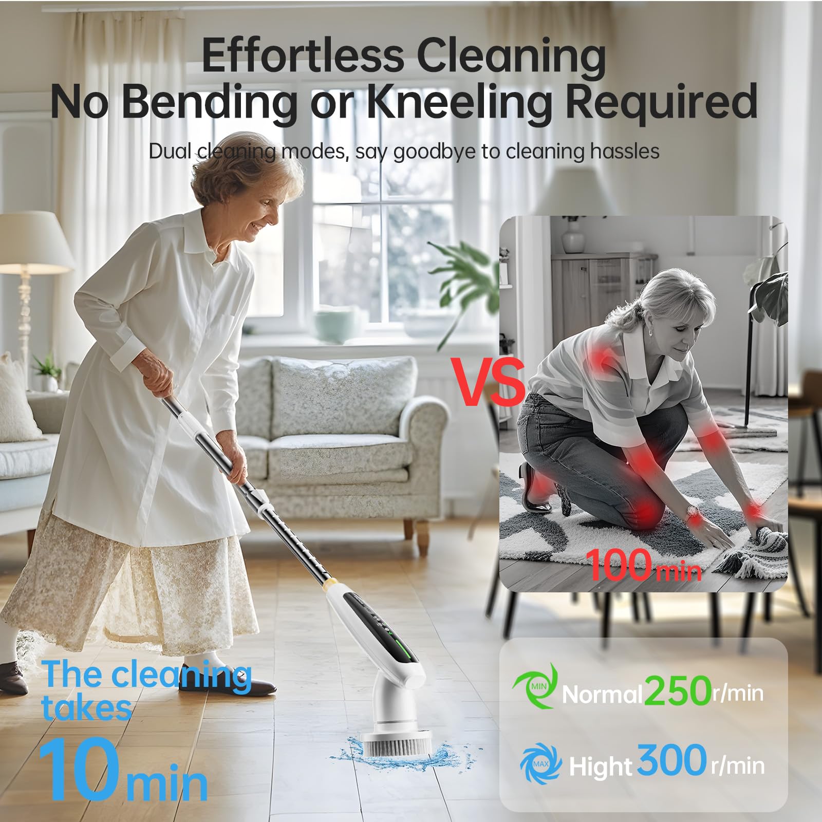 DEPURE Electric Spin Scrubber, Quiet Cordless Shower Scrubber, 8 Replaceable Heads, Adjustable Extendable Pole, Dual-Speed Power Cleaning Brush with Long Handle for Bathroom