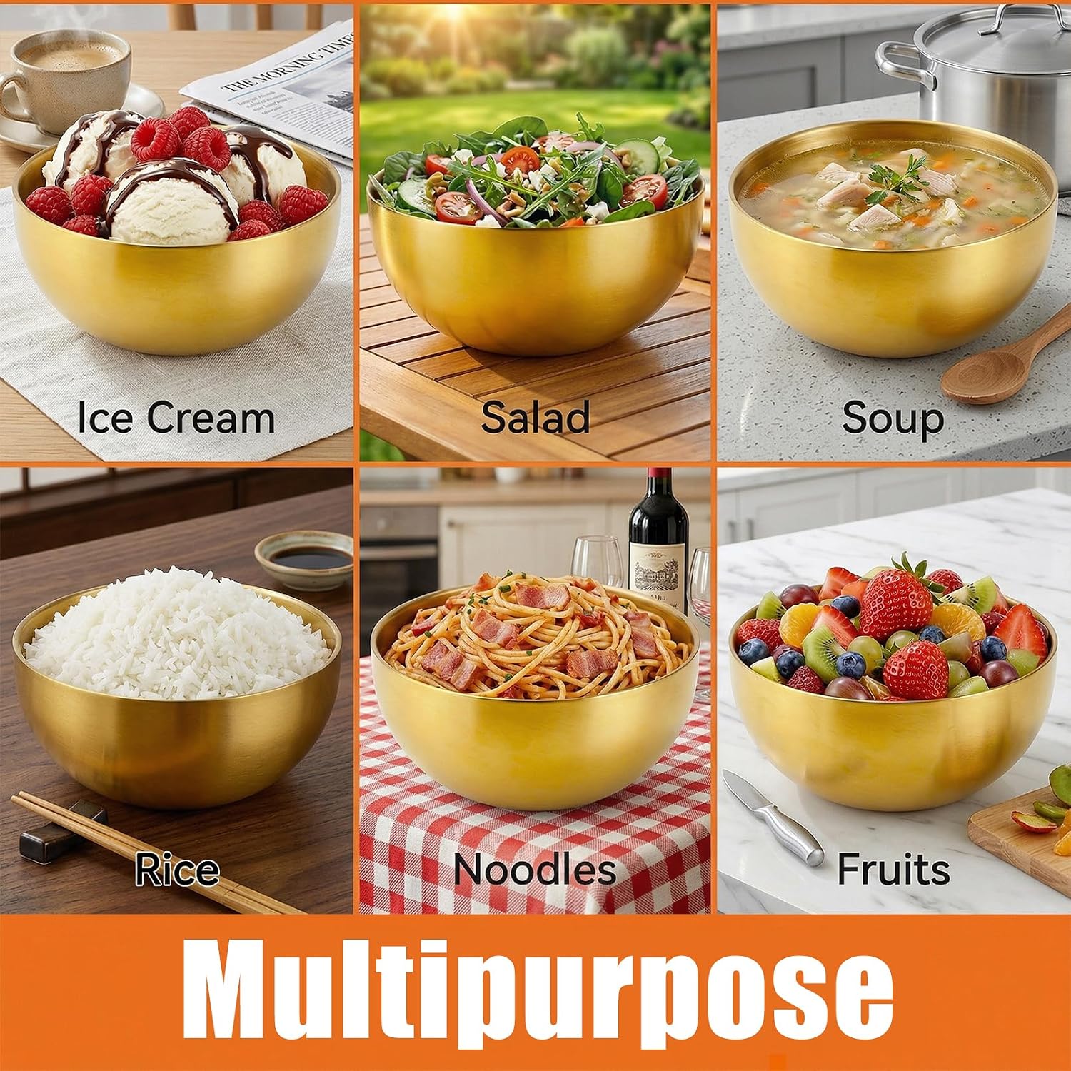 10 Pcs Gold Bowls, 4.7 Inch Stainless Steel Mixing Serving Bowls, Decorative Small Metal Bowls, Gold Mixing Bowl for Salad Dessert Fruit Cereal Soup Party Cooking Baking Prepping