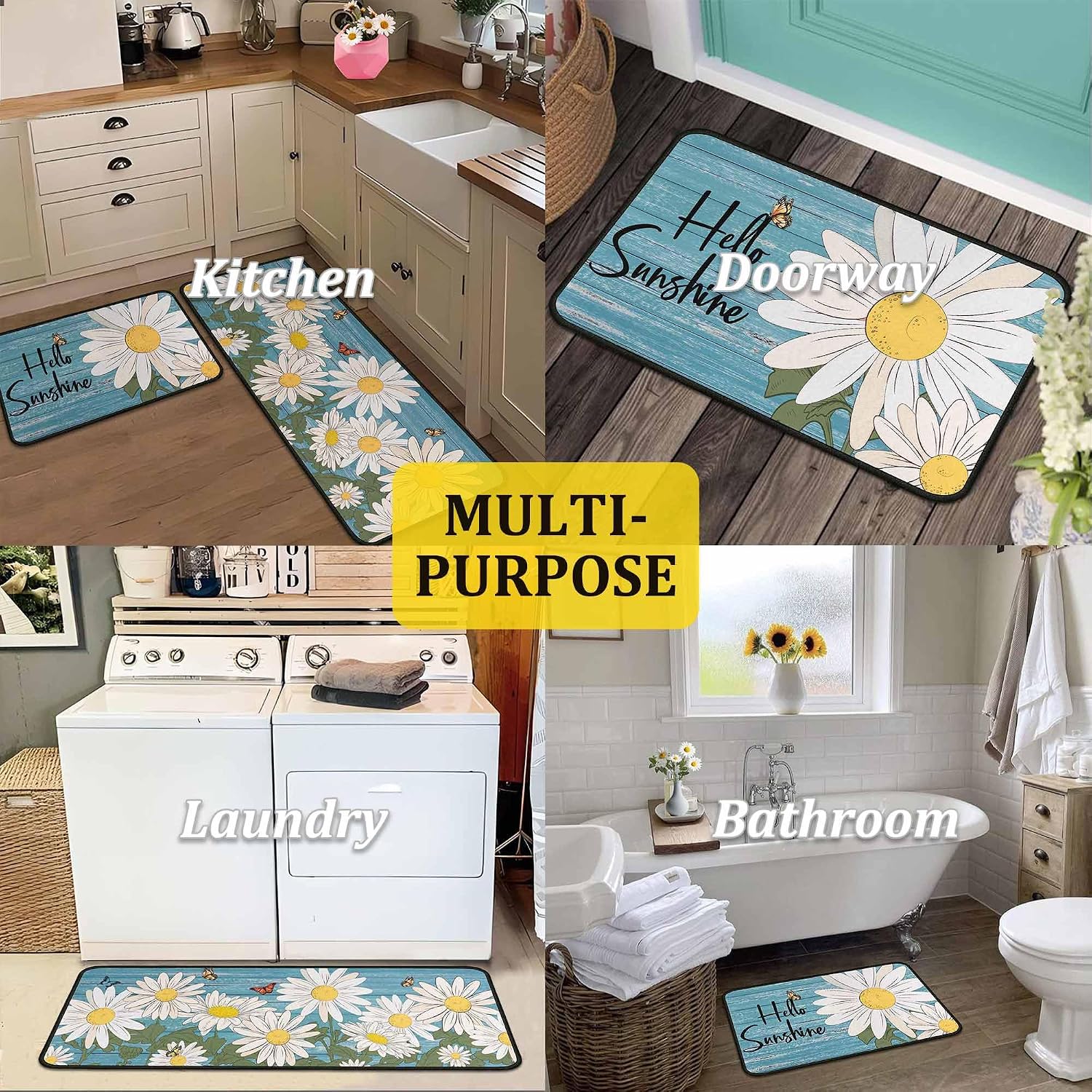Sping Kitchen Rugs and Mats Set of 2, Sping Decor Non Slip Backing Sping Kitchen Rug Spring Decorations for Home Seasonal Low-Profile Kitchen Floor Mat (Daisy, 17"x47"+17"x30")