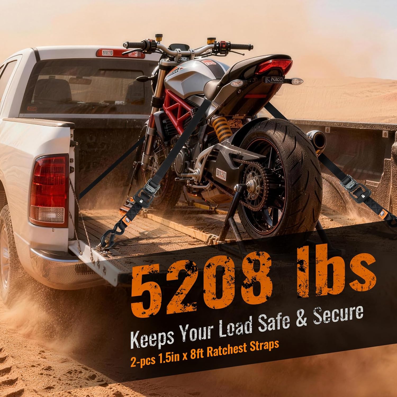 2 Pack Ratchet Straps,Heavy Duty Powersports Tie Downs Load Straps,5208lbs Break Strength 1.5in x 8ft with Safety S Hooks and Soft Loops for Motorcycle Truck Cargo Roof Rack,Break Strength, Black