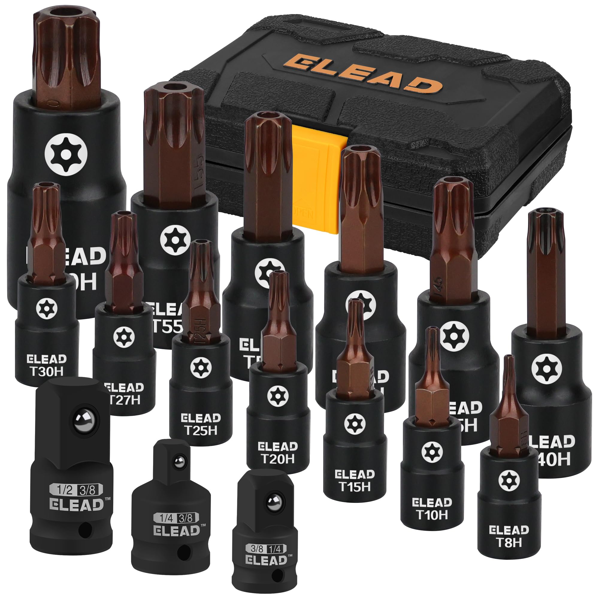 Photo 1 of 16-Piece Torx Bit Socket Set - Premium S2 Steel European Style T8-T60 with Socket Adapters, Star Bit Socket Set 1/4”, 3/8” and 1/2” Drive | Professional Mechanic Garage Tools