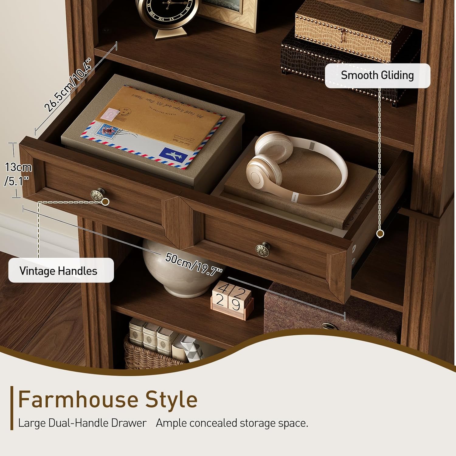 RALGEND Arched Bookshelf, 73" Tall Arch Bookcase with Drawers, 6-Tier Farmhouse Book Shelf, Wooden Bookshelf with Open Display Shelves for Living Room, Office, Adjustable Shelf, Walnut