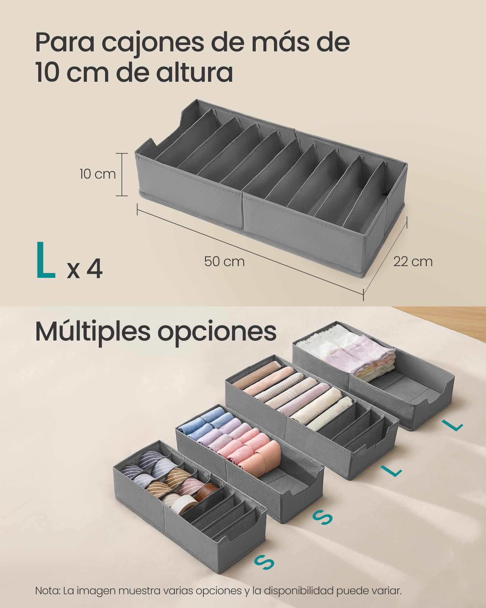 SONGMICS Juego de 4 Organizadores para Cajones de Ropa Interior, Plegables, 50x22x10 cm, Gris