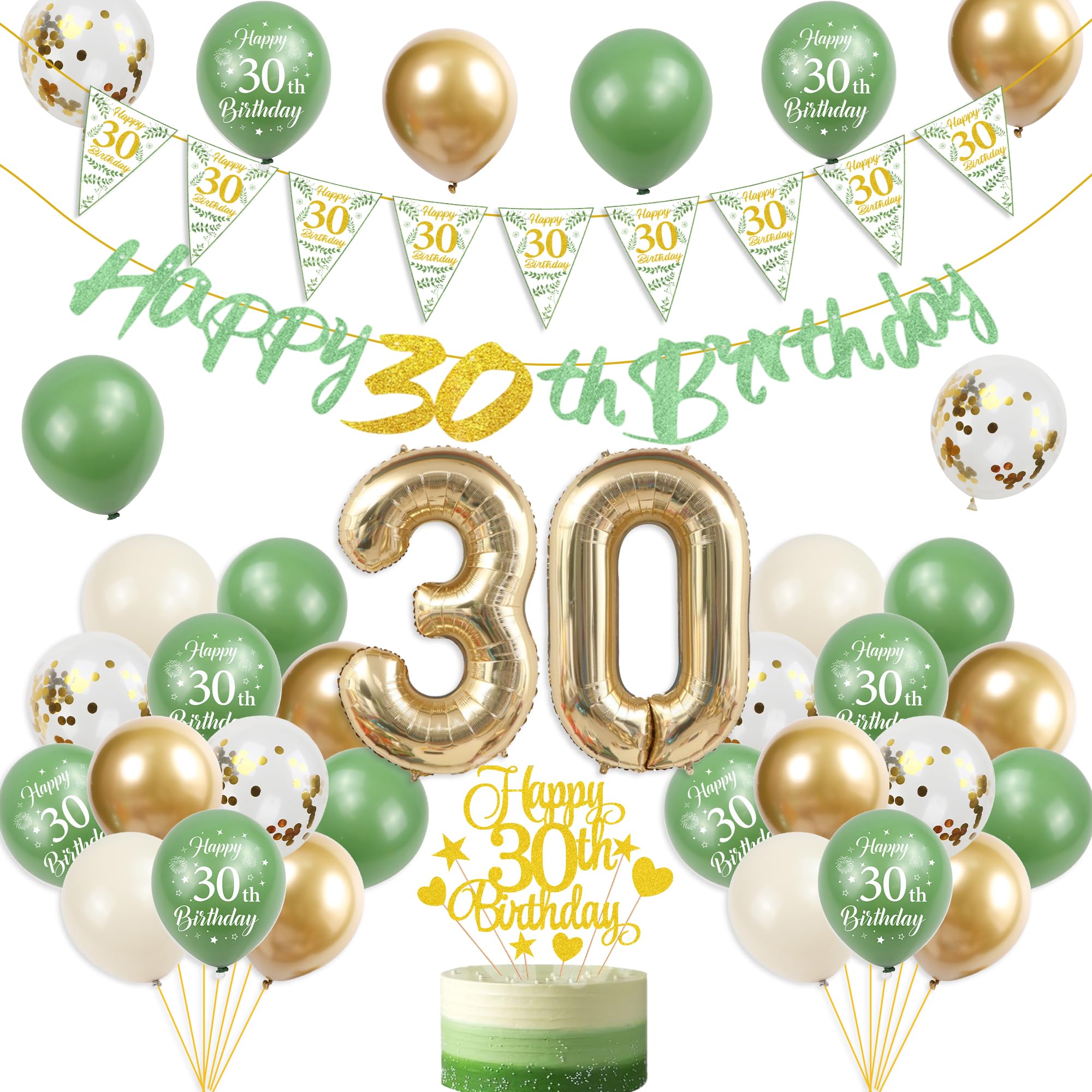 30th Birthday Decorations Men Women - 37 Pcs Sage Green Gold White Happy Birthday Banner Decorations Number 30 Foil Balloons Triangle Flag Banner Cake Topper for Her Him 30th Party Decor Supplies