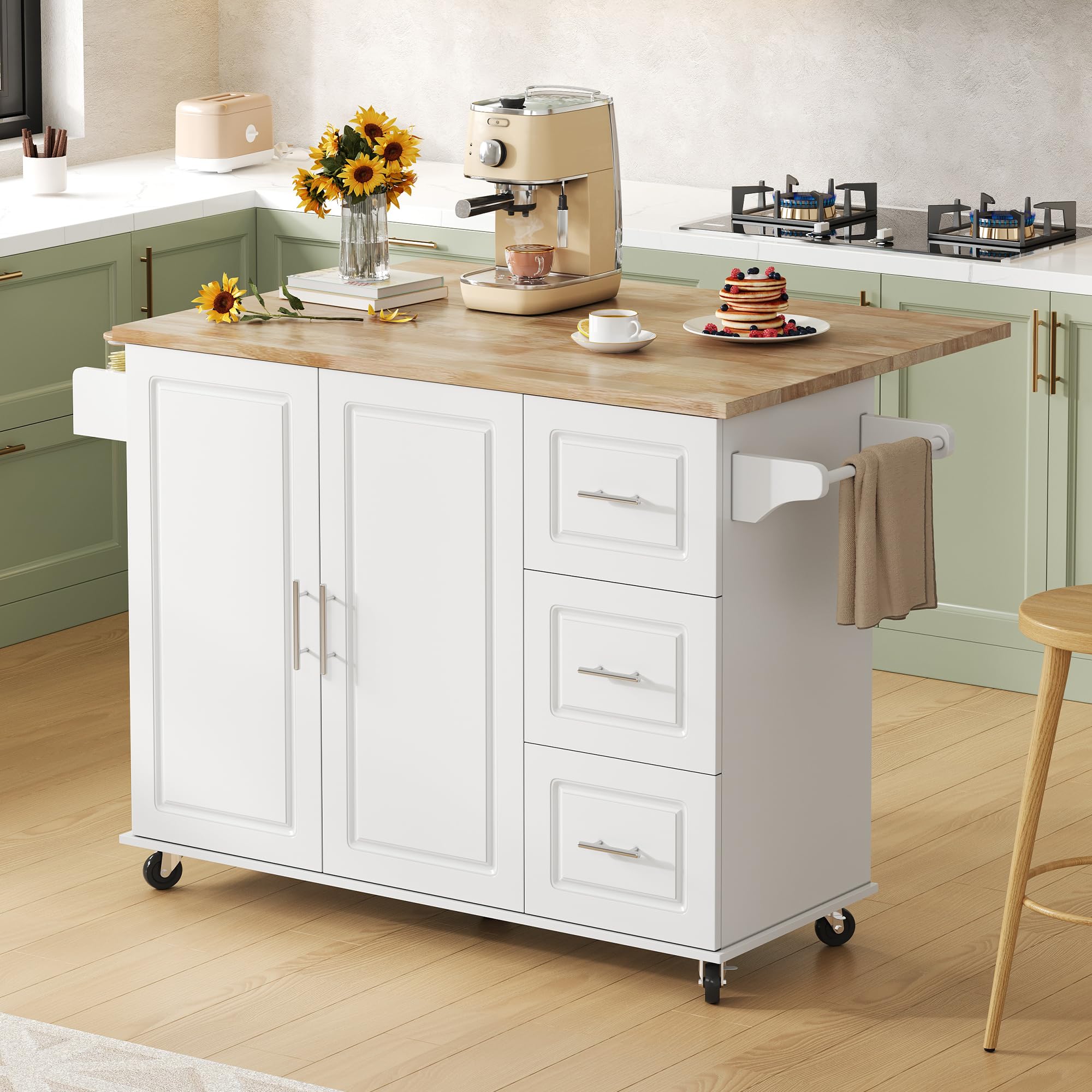 Merax Mobiler Küchentisch Kücheninsel auf Rädern mit klappbarer Eichenholz-Arbeitsplatte, Multifunktionaler Schrank, 5 Räder, für Küche, Esszimmer und Zuhause, 137 x 43(76) x 92 cm,Weiß