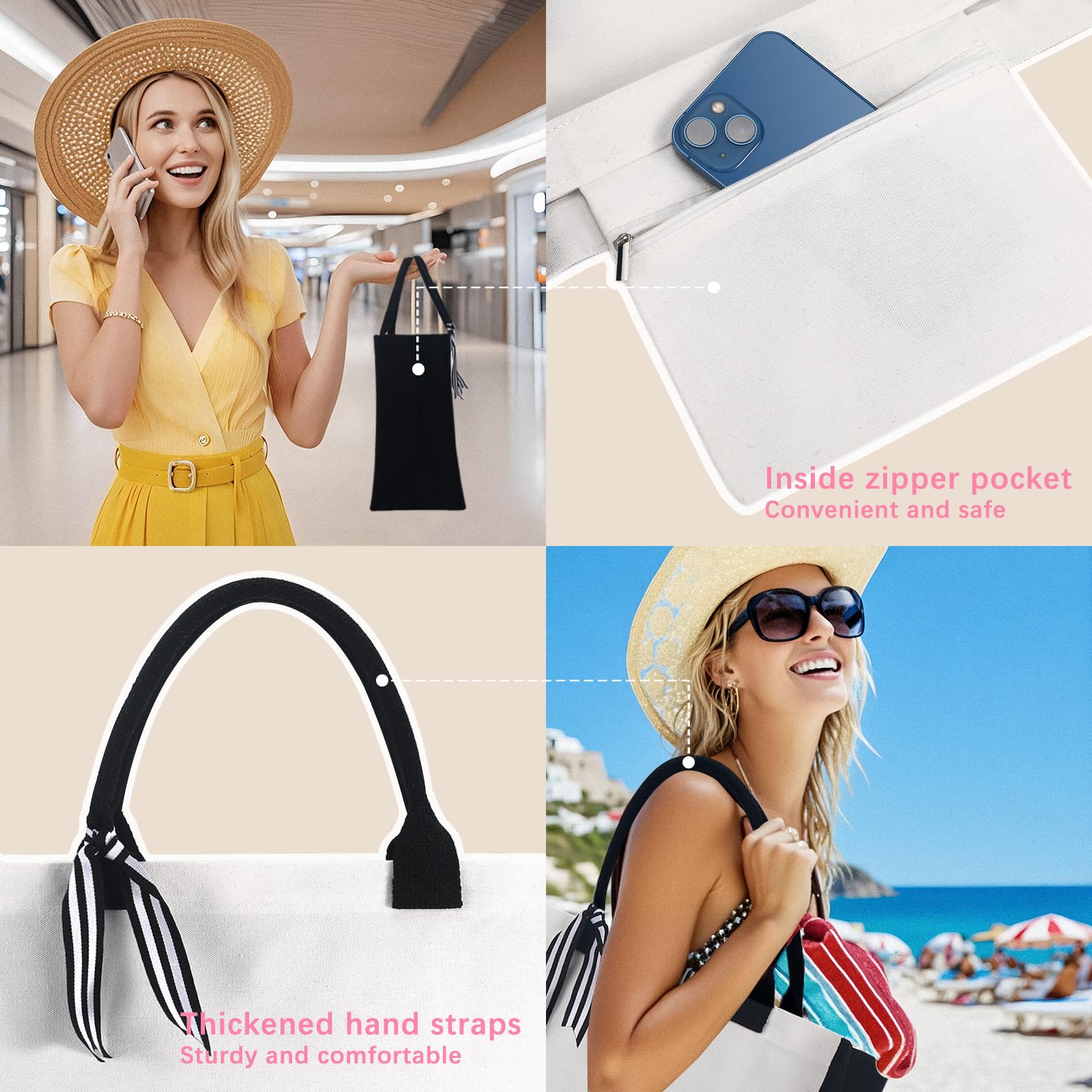 OKBA 10 PCS Personalized Classic Canvas Tote Bag(Black and White), Inside Zipper Pocket Grocery Tote DIY Gift, for Wedding, Birthday, Beach, Perfect Gifts for Women, Mom, Teachers, Friends - Image 3