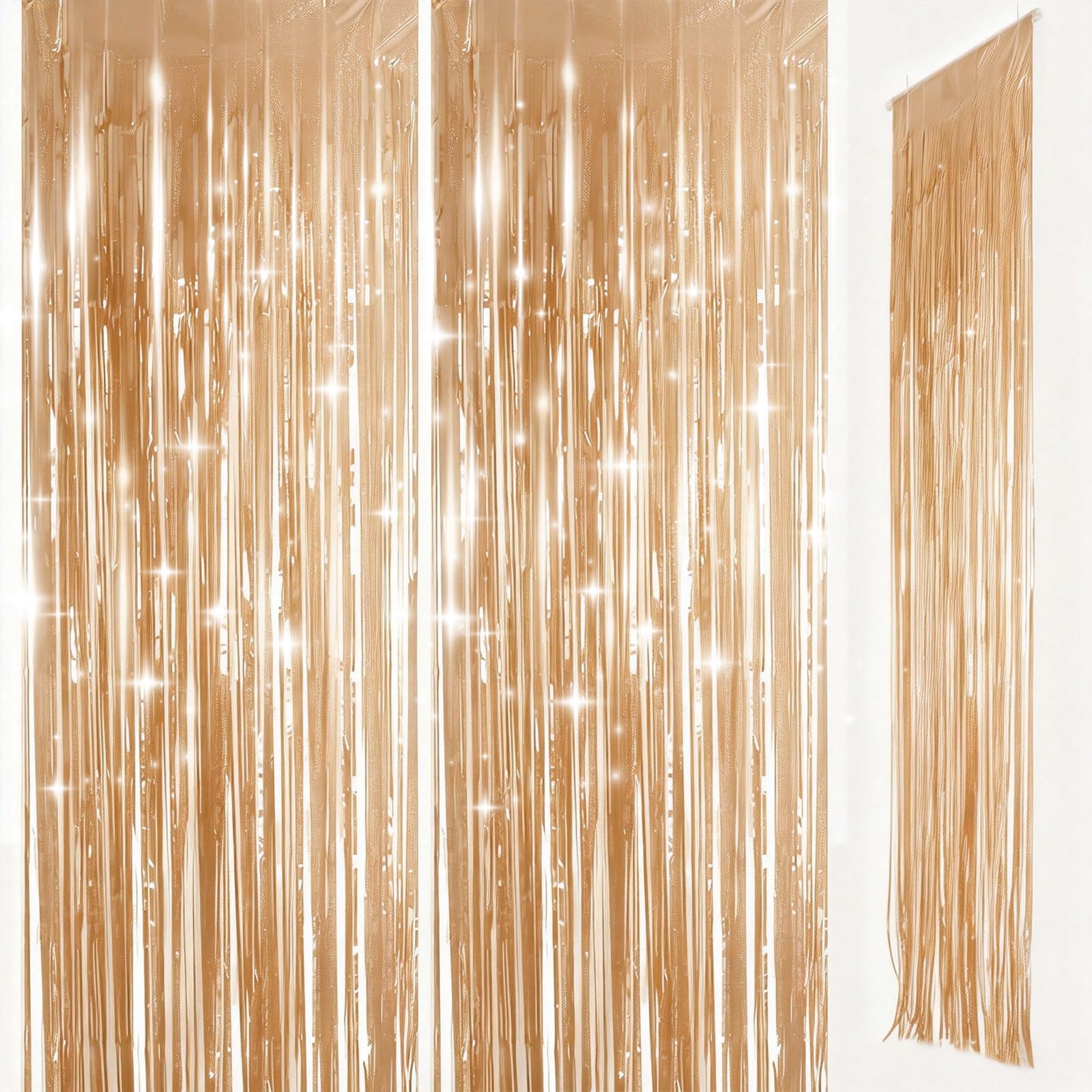 Champagne Gold Foil Door Curtain Decorations, 2pcs 3.2ft x 8.3ft Tinsel Curtains Fringe Backdrop, Champagne Gold Streamers Door Hanging Decor for Birthday Wedding Bridal Shower Bachelorette Party. — image 1