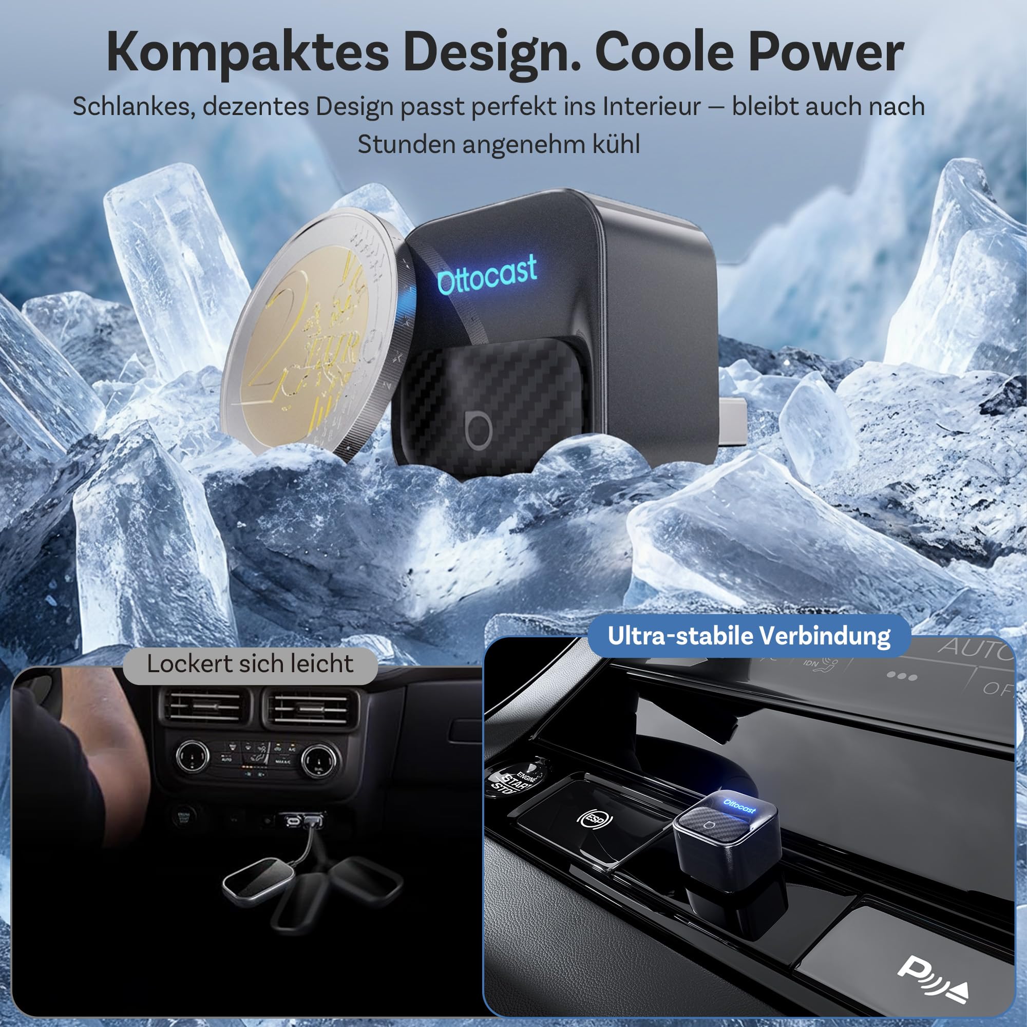 OTTOCAST Mini Core 2-in-1 Kabelloser CarPlay & Android Auto Adapter, Micro Mini Cube Wireless Car Dongle mit Smart-Switch-Taste, Wi-Fi 6 & Bluetooth 5.4, Automatische Verbindung für 98% der Fahrzeuge