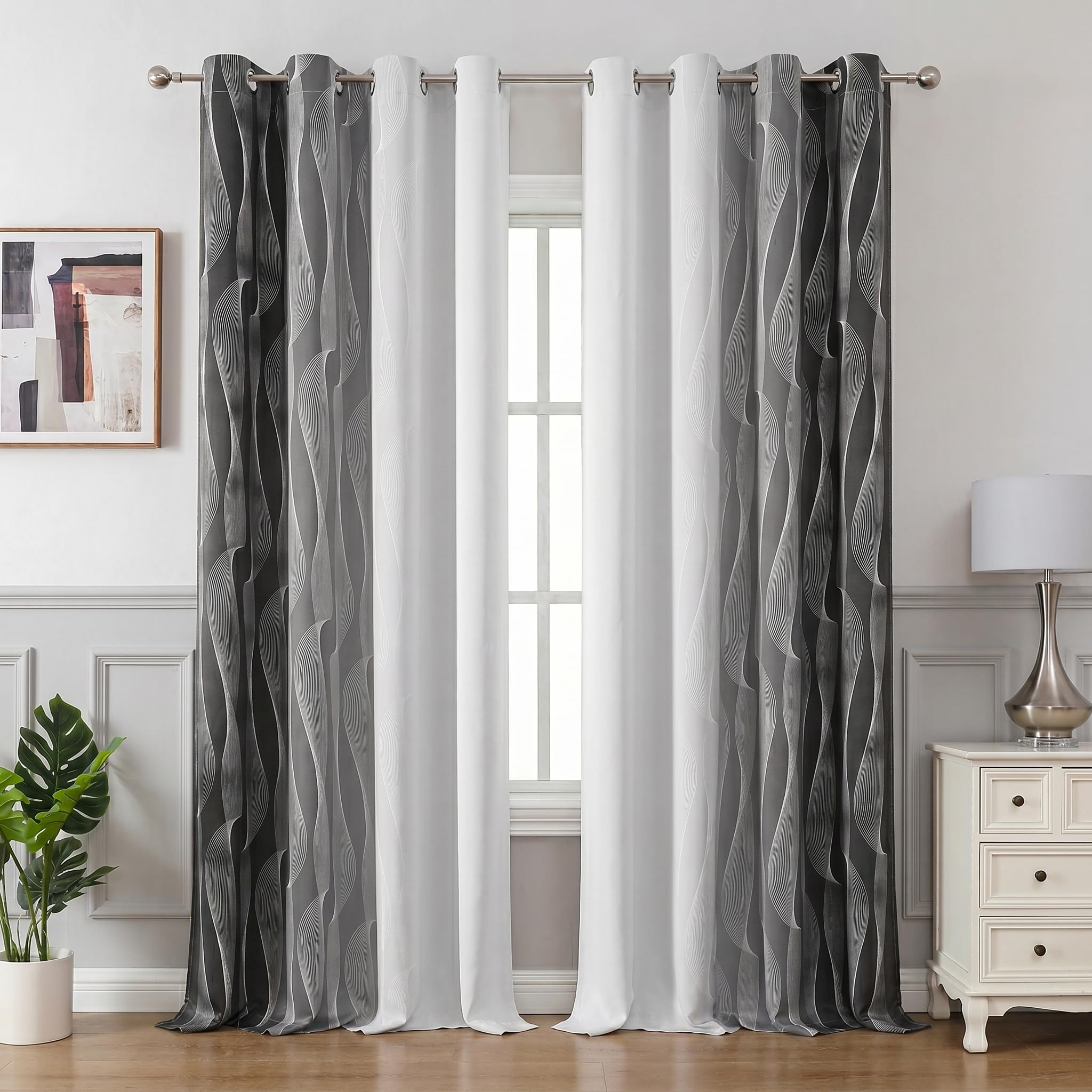 Gazal Vole Ombre Room Darkening Curtains – Modern Gradient Eyelet Drapes with Wave Line Pattern, 95 Inch Drop, 80-90% Darken Light for Living Room & Office (Dark Grey+White)-W 52 x L 95 inch