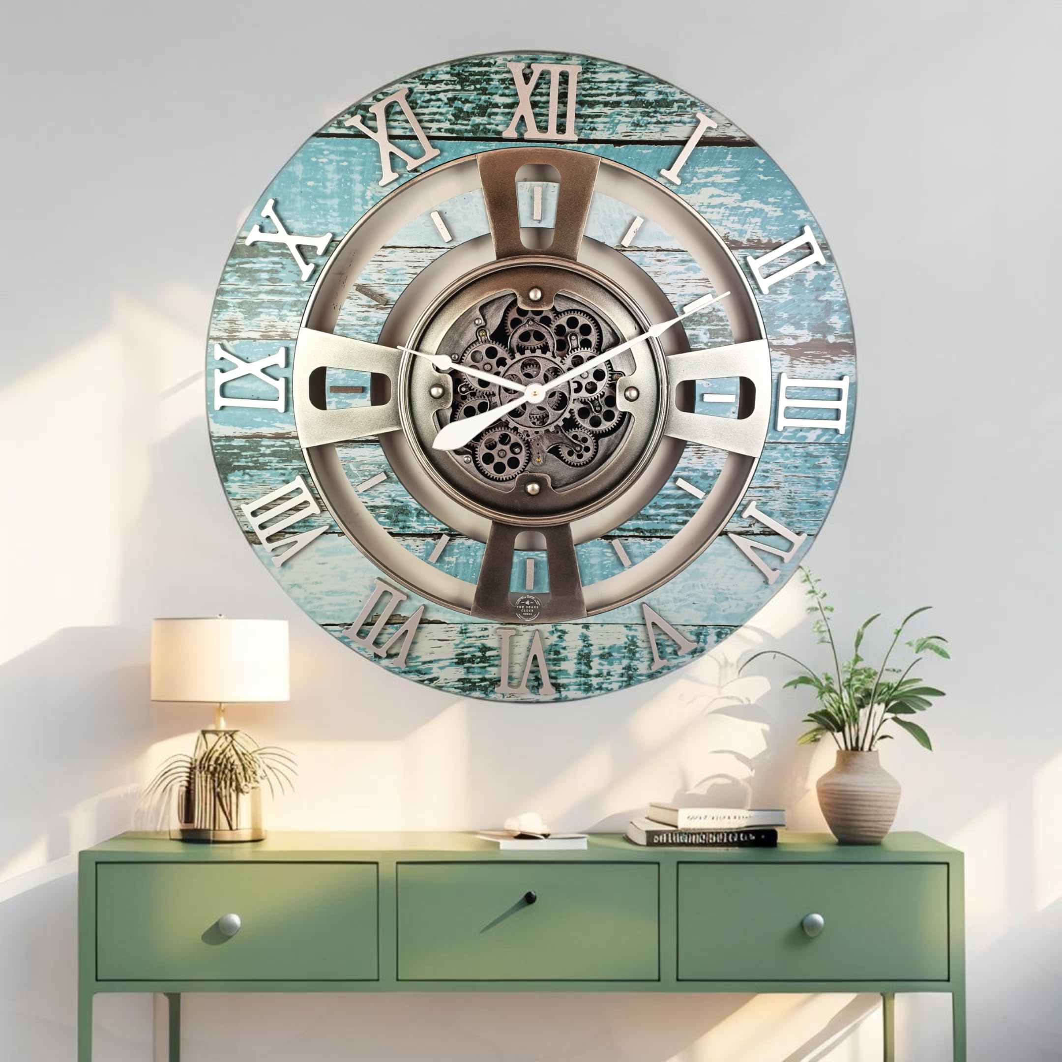 ImprovingLife The Gears Clock Real Moving Gear Wanduhr England Line (Aqua Green, 60 cm)