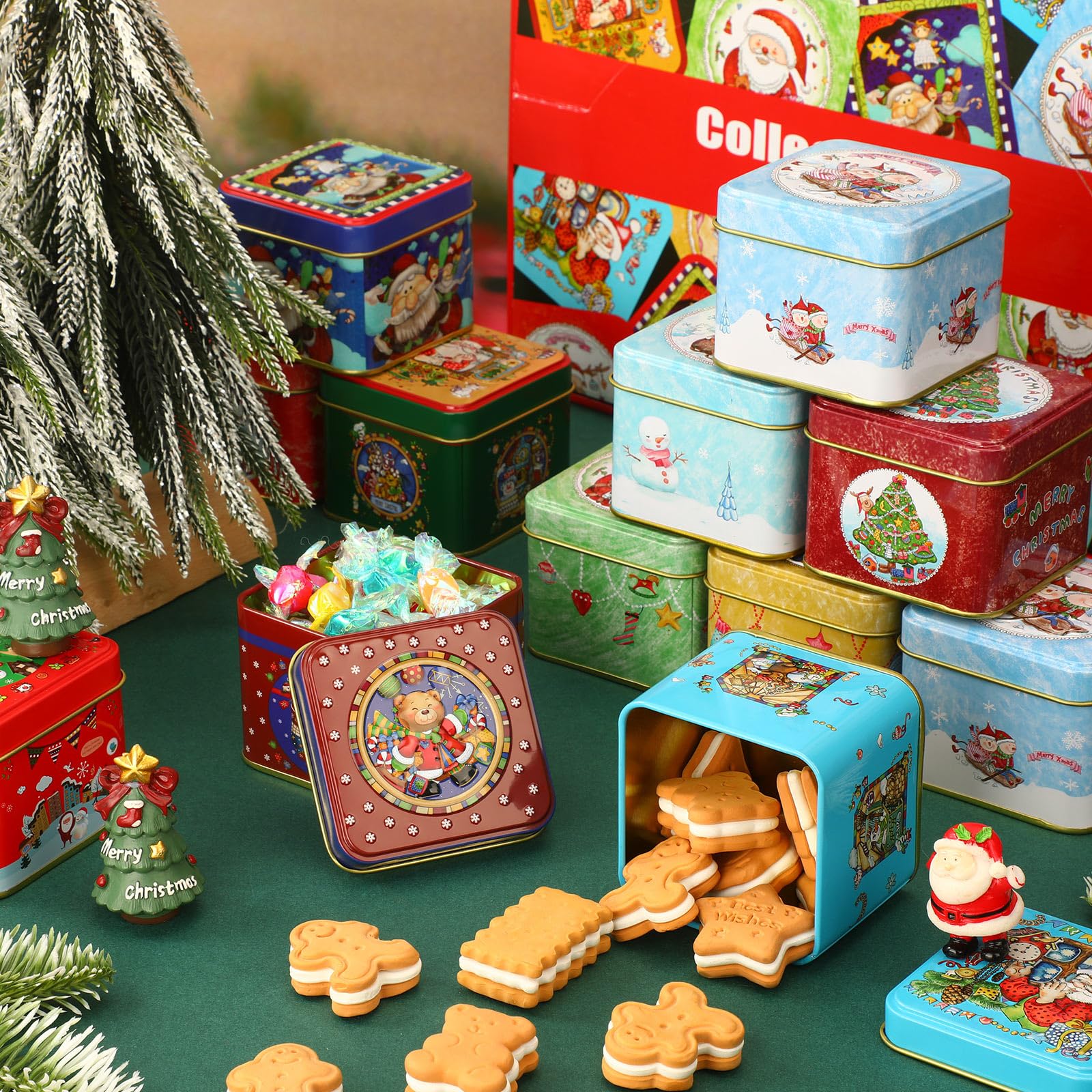 Steel Mill & Co Christmas Cookie Tins Set Of 3 - Square Nesting Metal Tins With Lids For Gifts & Treats