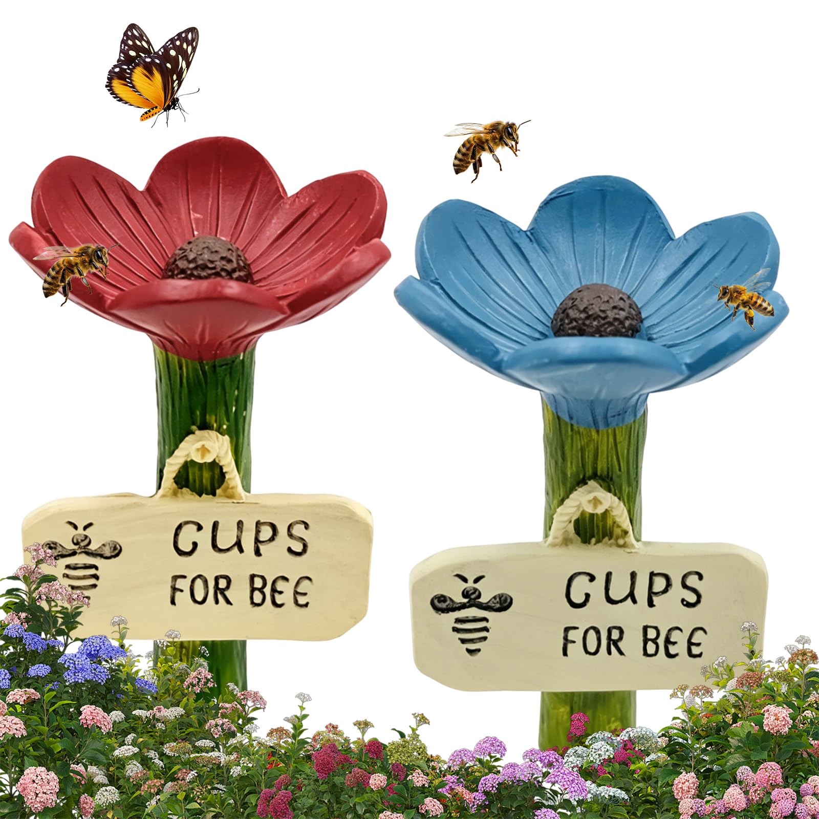 2Pcs Cups for Bees, Flower Shaped Bee Watering Station 2026 New Colorful Bee Cup for Thirsty Pollinator Garden, Outdoor Butterfly Feeder, Eco-Friendly Water Bowl for Yard, Lawn, Patio Decor (6.5×11cm)