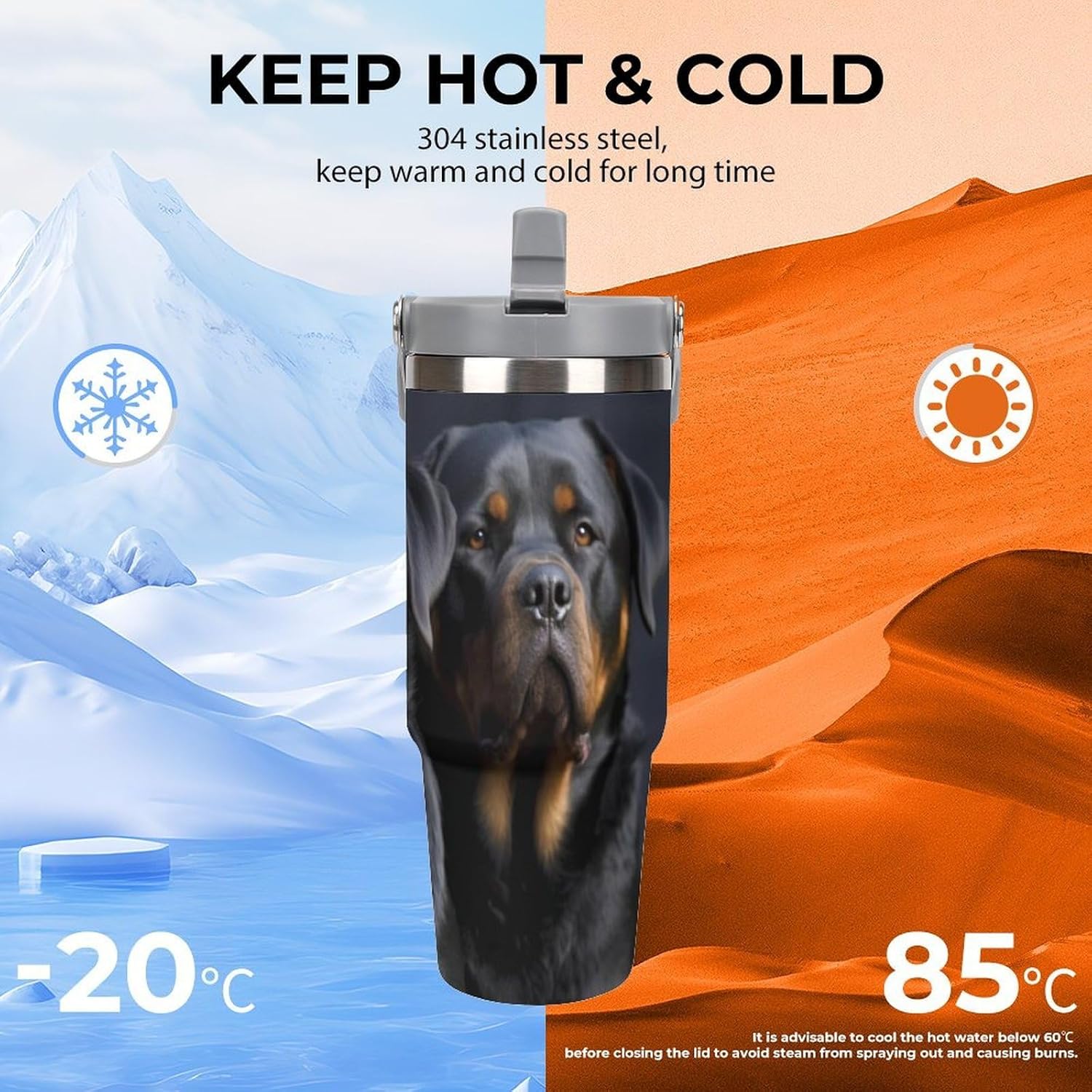 30oz Insulated Tumblers with Top Handle, Stainless Steel Dog Wallpaper Car Cup with Straw for Gift, Leak-Proof Double Wall Vacuum Travel Mug, Personalized Water Bottles White