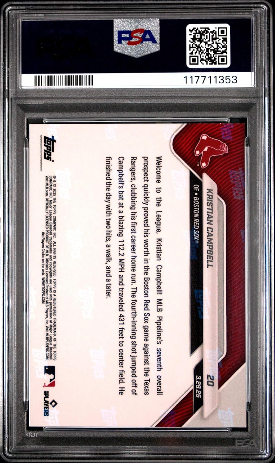 Graded 2025 Topps Now Kristian Campbell #20 Black Foil /10 Rookie RC Baseball Card PSA 10 Gem Mint