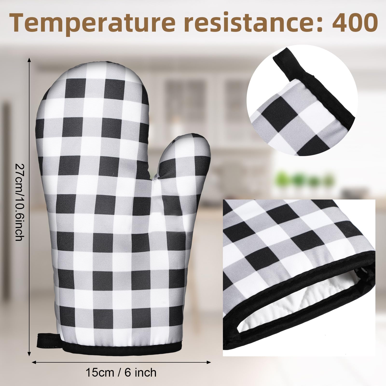 Tatuo 6 pares de guantes de horno a cuadros resistentes al calor, guantes de cocina extra gruesos, 28 cm (blanco y negro)