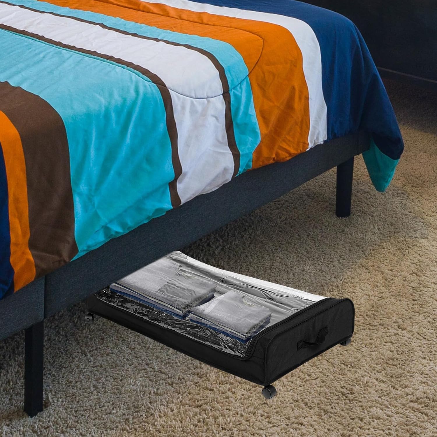 Bed Storage Container with Wheels, Rolling Underbed Storage Drawer Organizer for Clothes, Shoes, Black Metal Frame with Fabric Base Suitable for Bedroom and Dormitory