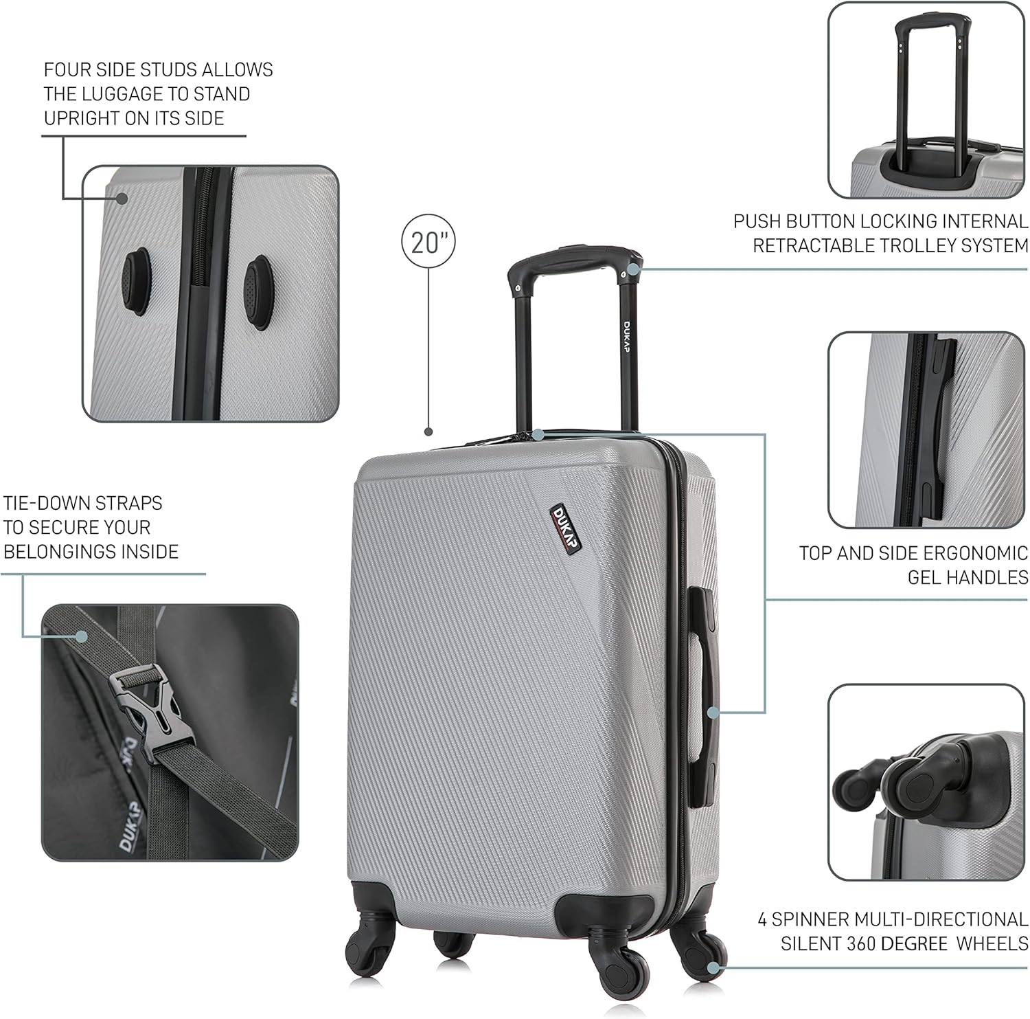 DUKAP DISCOVERY Luggage with Spinner Wheels | Spacious Durable Lightweight Hardshell Suitcase, Travel Bag with Handle and Trolley | 20-Inch Carry On Small Luggage | Silver