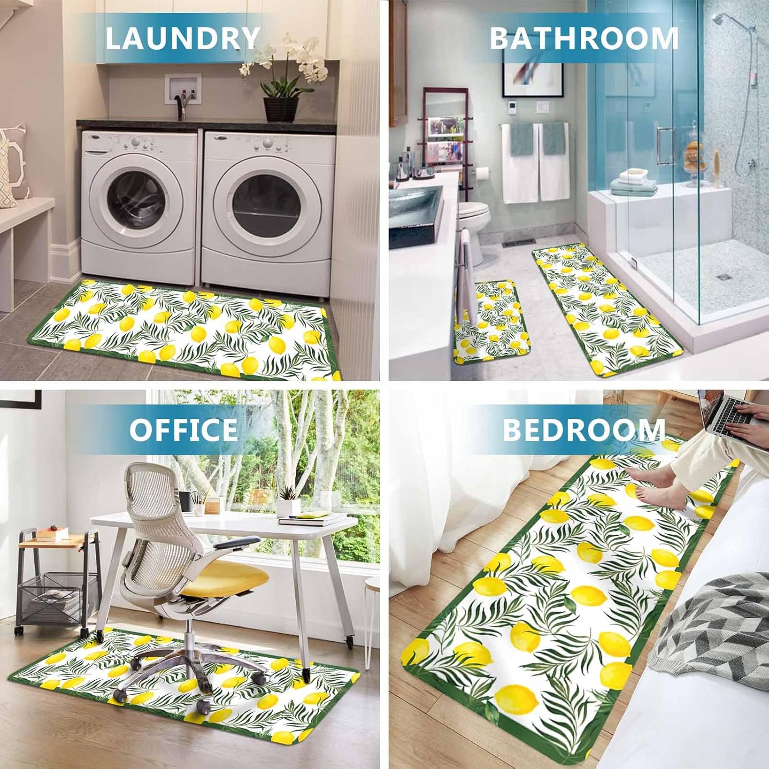 Prime Leader Lemon Leaf Kitchen Mat Set 2 Pieces Watercolor Lemon Floral Palm Leaf Green Border Non Slip Kitchen Rugs Washable Runner Rug Mats for Sink Laundry (19.7" x 31.5"+19.7" x 47.2")
