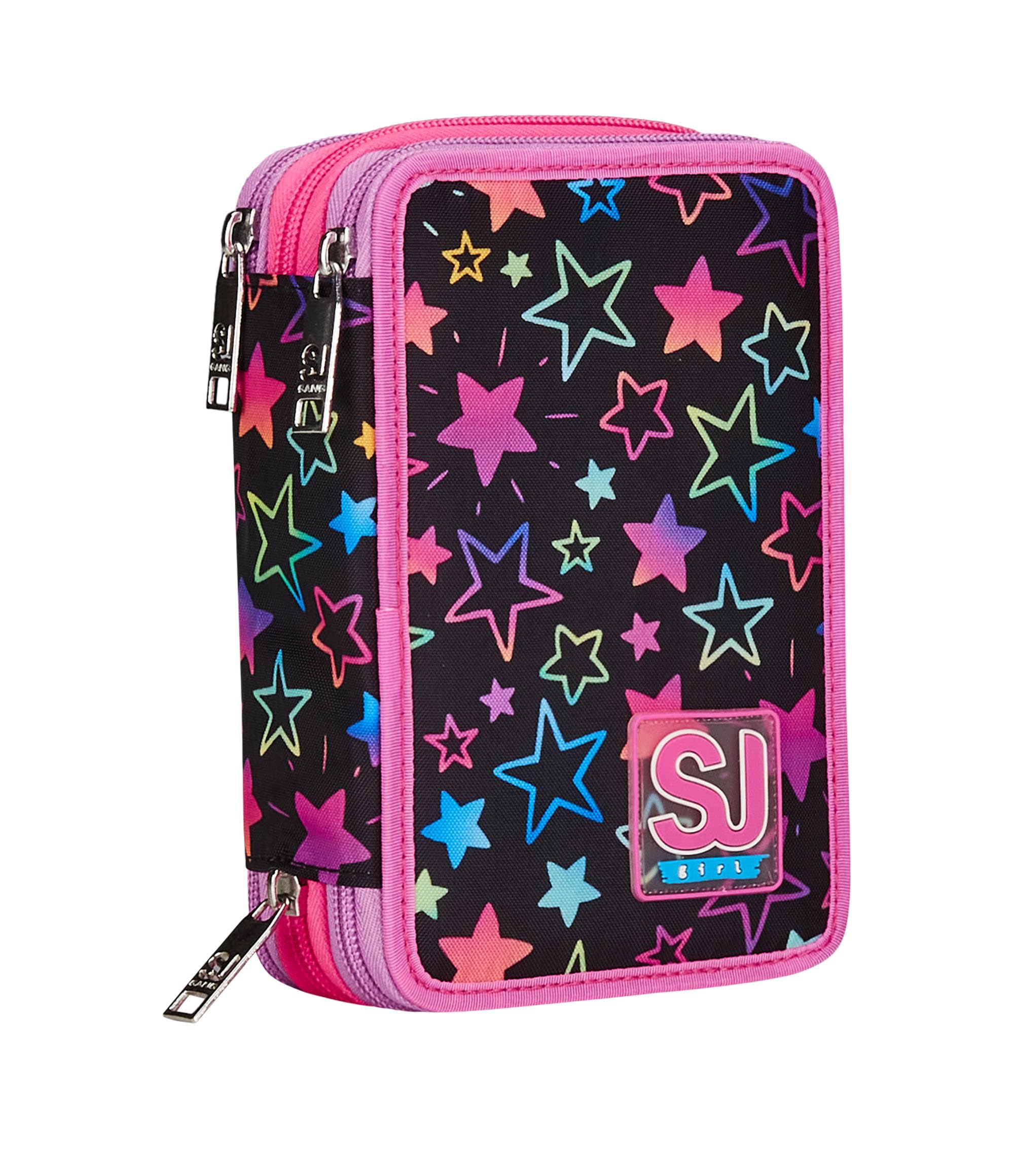 SJ GANG STYLE JAM GANG Astuccio Scuola 3 Zip, Nero e Rosa, Colorful Panda, Portapenne Triplo Scomparto Completo Di Penne, Matite, Colori, Accessori Zaino, Elementari, Medie, Bambina, 30C202461-379
