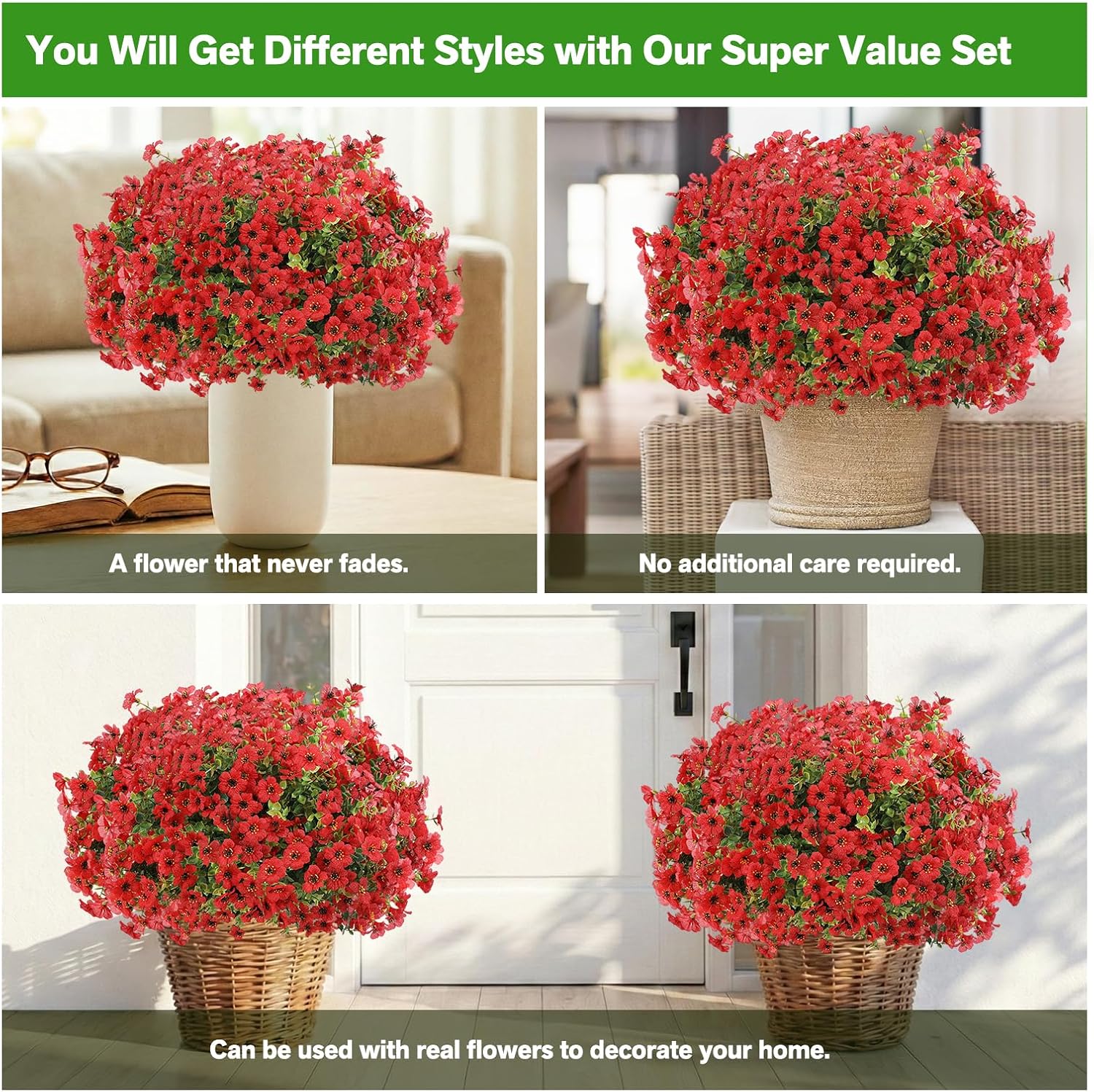 Artificial Flowers for Outdoor,Silk Flowers No Fade Fake Plastic Flowers UV Resistant Faux Plants for Outdoors Outside Front Porch Hanging Planter Window Box Garden Home Decoration,13 Pack(Red)
