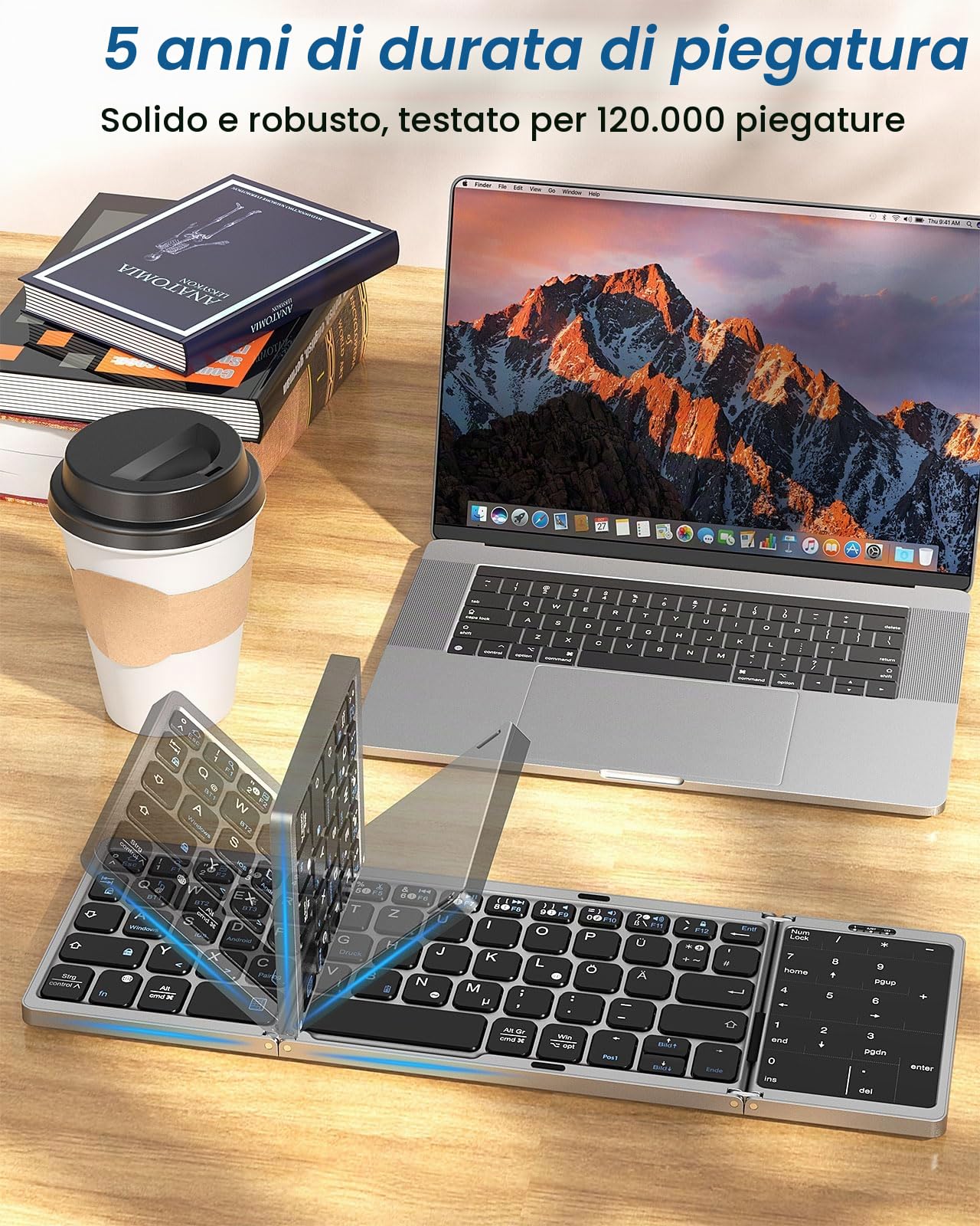 MoKo Tastiera Bluetooth Pieghevole, Tastiera Tedesca Portatile, QWERTY | Pieghevole con Touchpad e Pad Numerico, Tastiera Ricaricabile Multi Dispositivo per Windows, iOS, Android Tablet/Phone