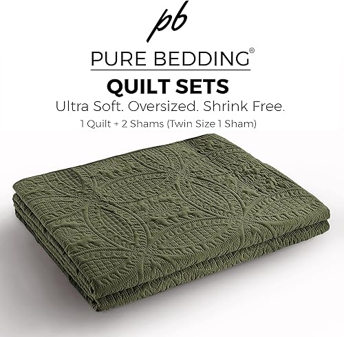 Miniatura 5 de Pure Bedding - Juego de edredón tamaño matrimonialQueen, color verde oliva, colcha de gran tamaño, ligera, microfibra suave para todas las