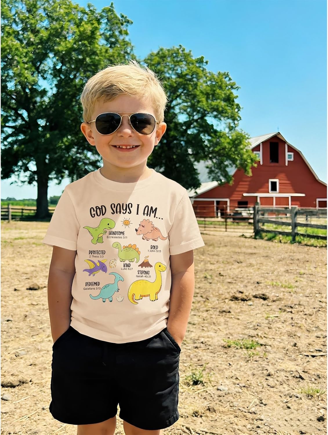 BOUTIKOME Toddler Boy Dinosaur Shirts God Says I Am Dino Bible Verse Religious T-Shirt Christian Outfit Baby Short Sleeve Tee - Image 5