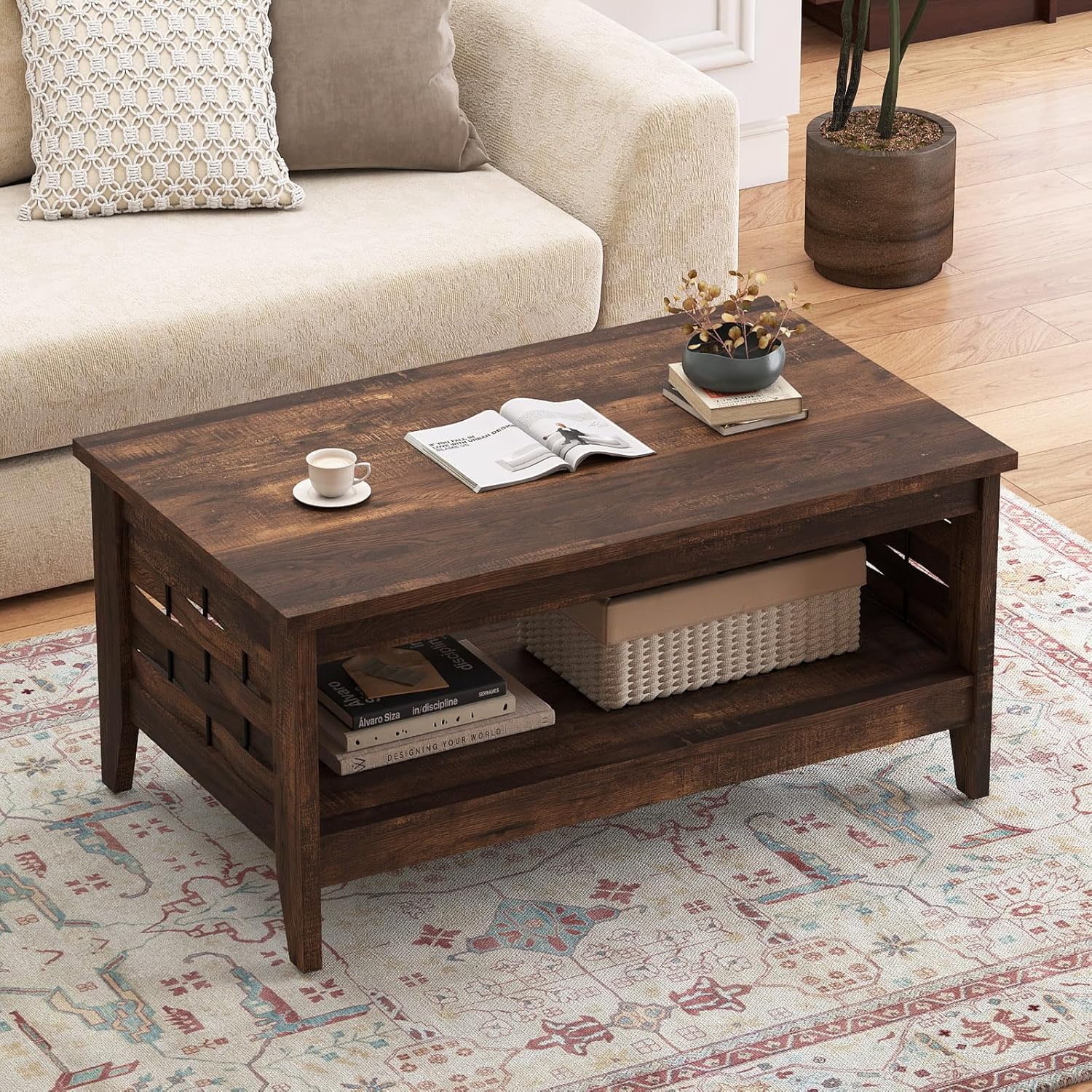 Giantex Farmhouse Coffee Table, 2-Tier Center Table with Storage Open Shelf & Woven Slatted Design, 39.5" Rectangular Accent Cocktail Table, Wood Coffee Tables for Living Room (Rustic Brown)